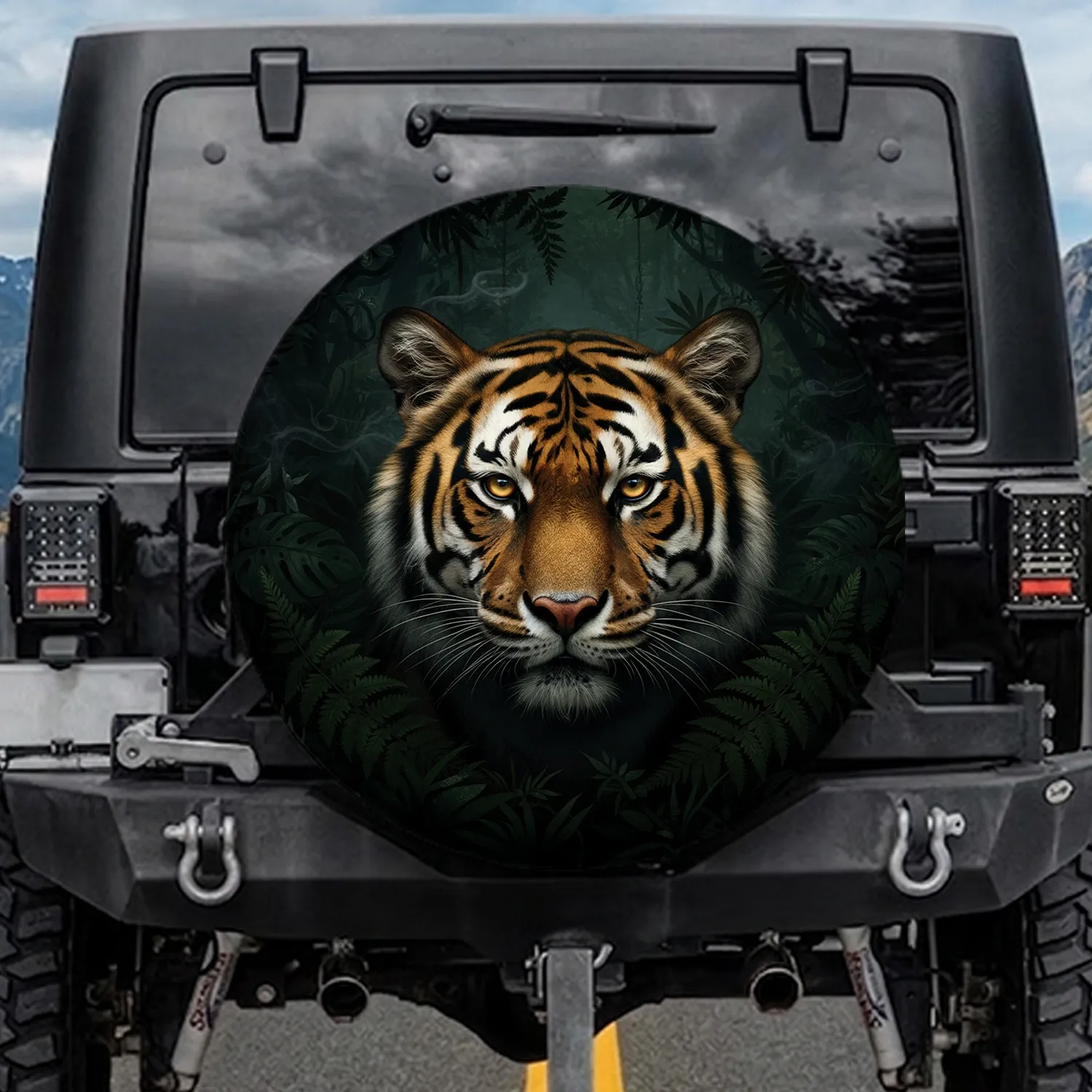 Piercing Realistic Amber Tiger Eyes Jungle Foliage Trees - Wildlife Lover Gift Spare Tire Cover - 1