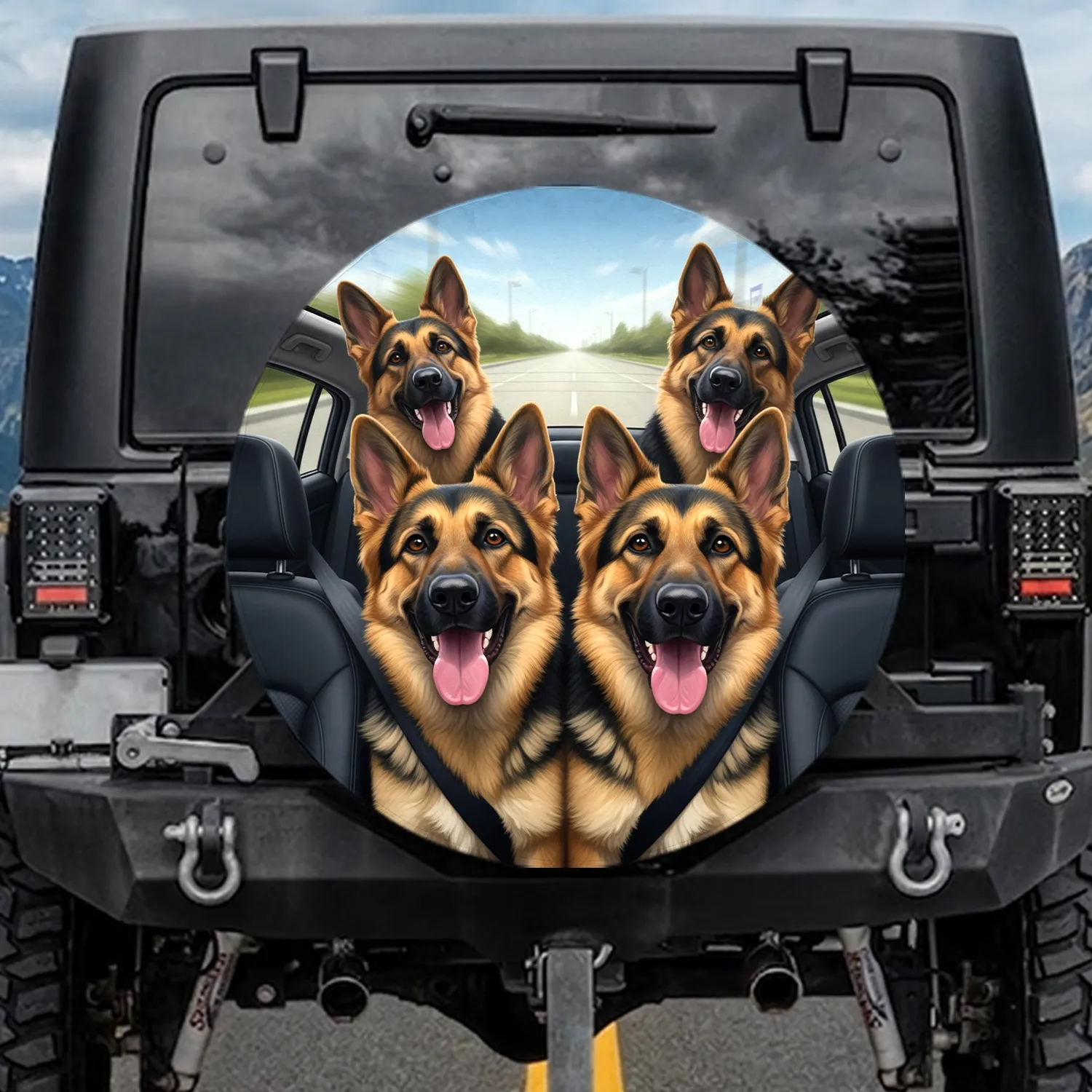 Smiling German Shepherds Car Interior Scene - Dog Lover Adventure Gift Spare Tire Cover - 1