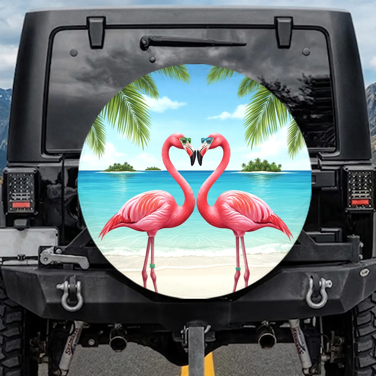 Pink Flamingos Heart Tropical Beach - Tropical Vacation Gift for Wildlife Lover Spare Tire Cover - 1