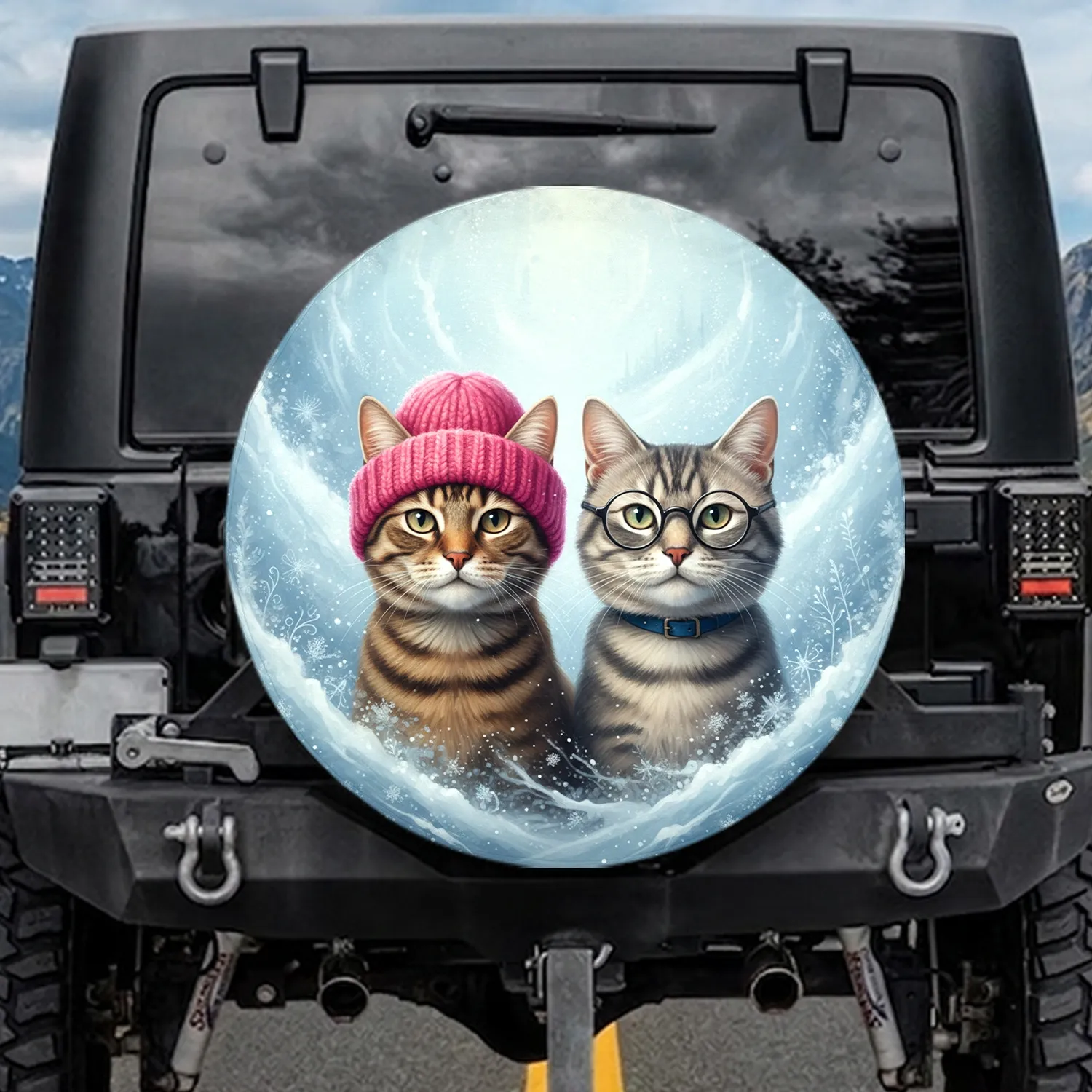 Tabby Cats Pink Beanie Blue Collar Round Glasses Frosty Snowy Landscape - Cat Lover Gift Spare Tire Cover - 1