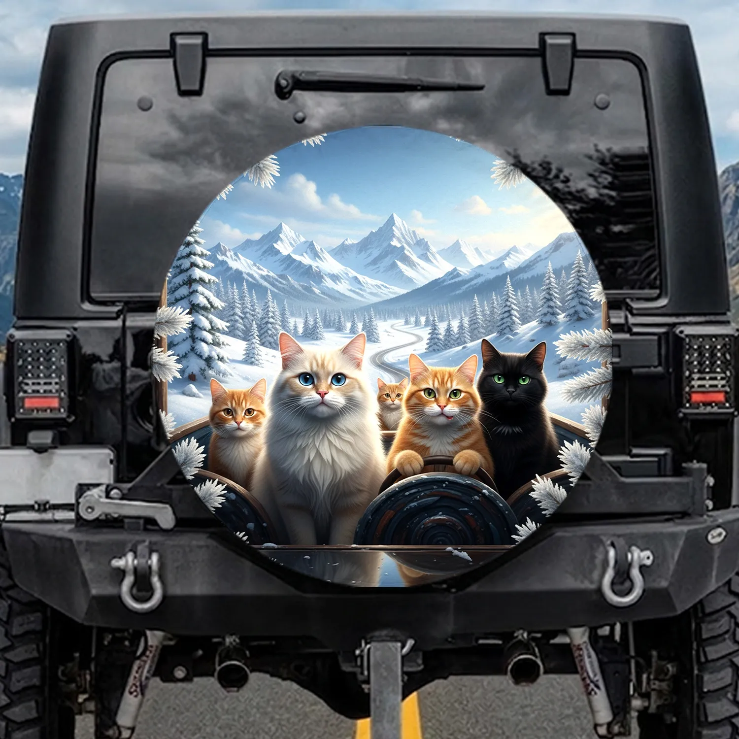 Curious Cats Snow Mountains Winter Road - Cat Lover Travel Essentials Spare Tire Cover - 1
