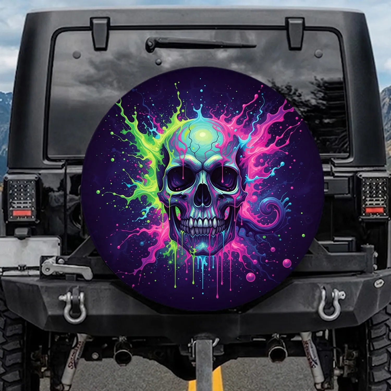 Cosmic Neon Skull - Outdoor Lifestyle Accessory Gift Spare Tire Cover - 1