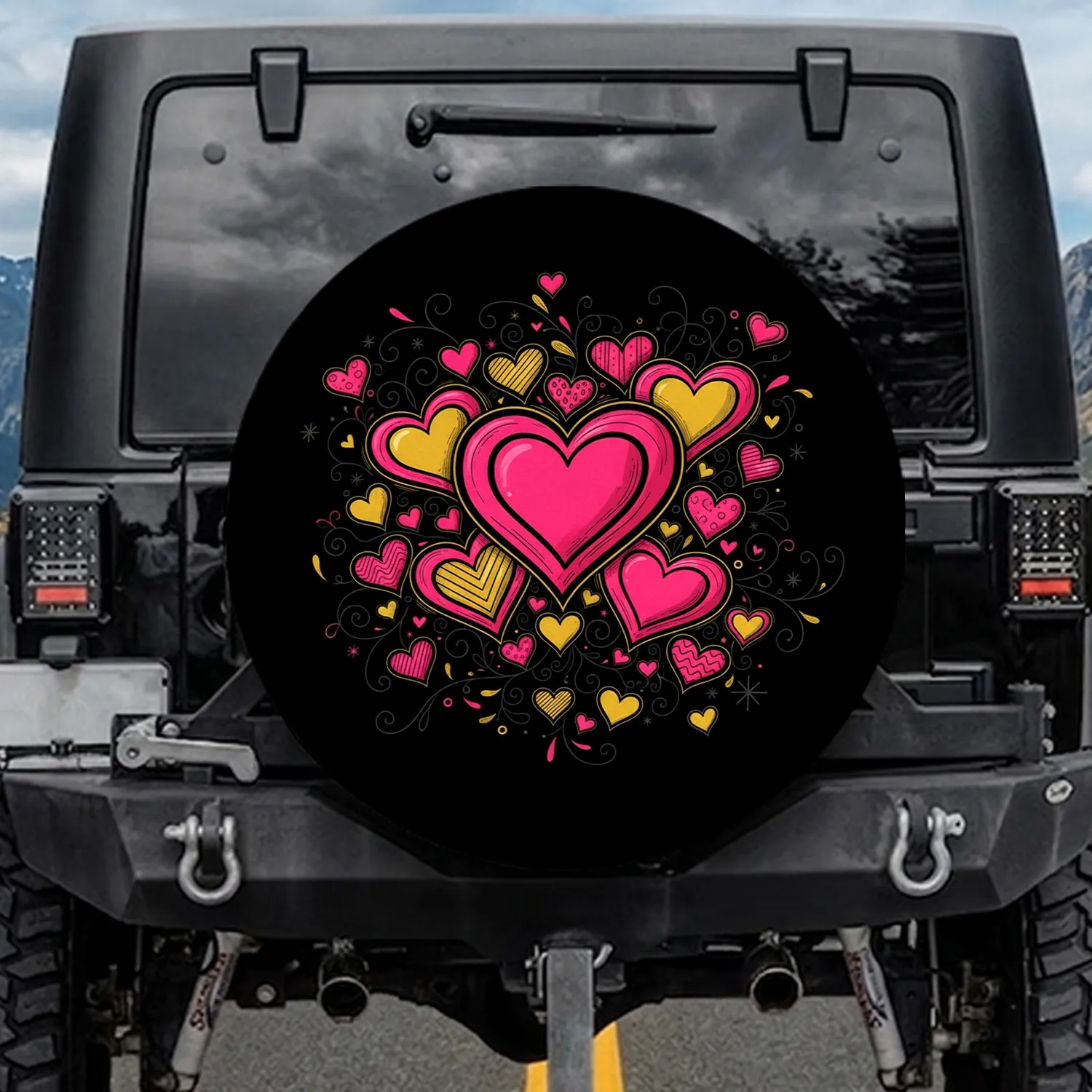 Deep Black Pink Yellow Hearts Swirls - Love Lifestyle Gift Spare Tire Cover - 1