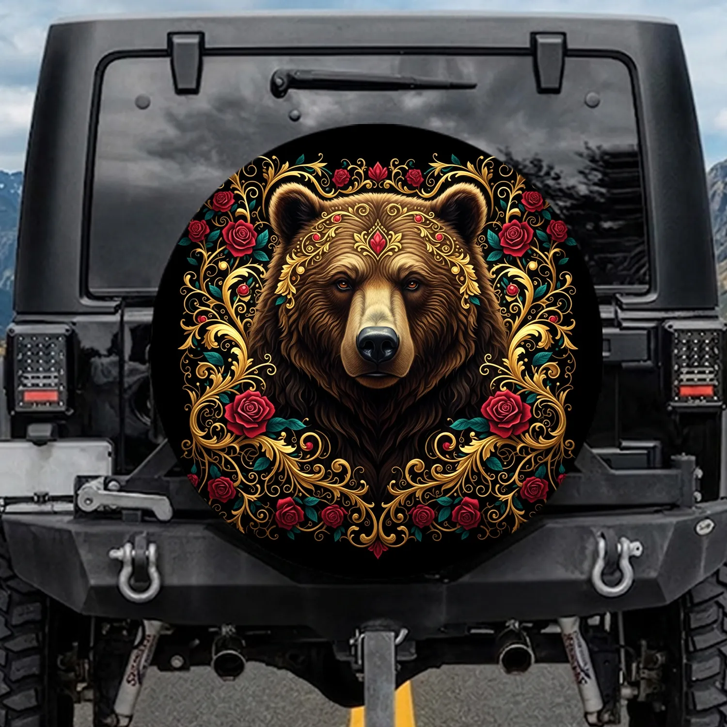 Grizzly Bear Golden Filigree Red Teal Blooms - Wildlife Lover Gift Spare Tire Cover - 1