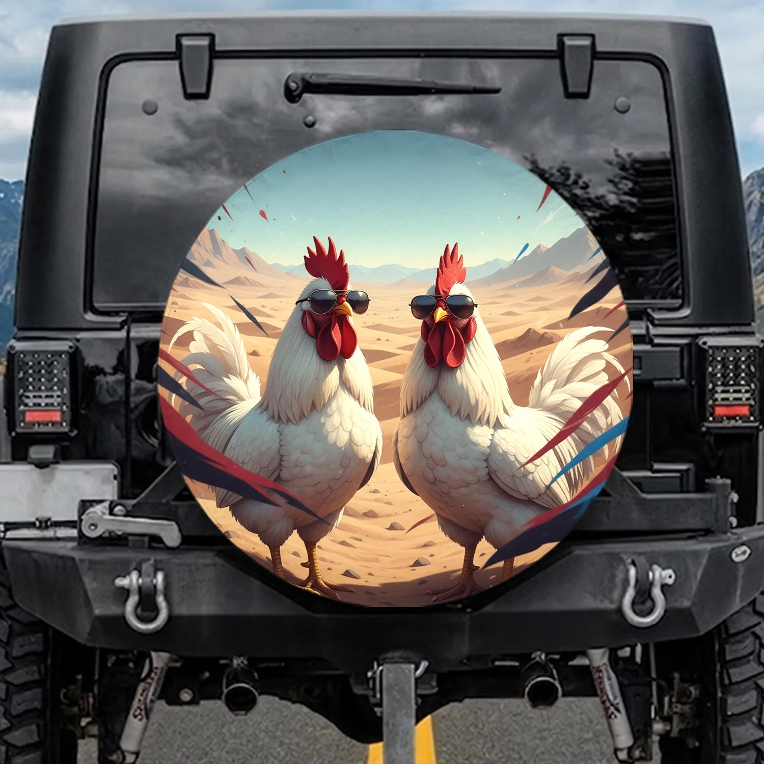White Roosters Sunglasses Desert Hills Mountains Open Road - Outdoor Adventure Gift Spare Tire Cover - 1