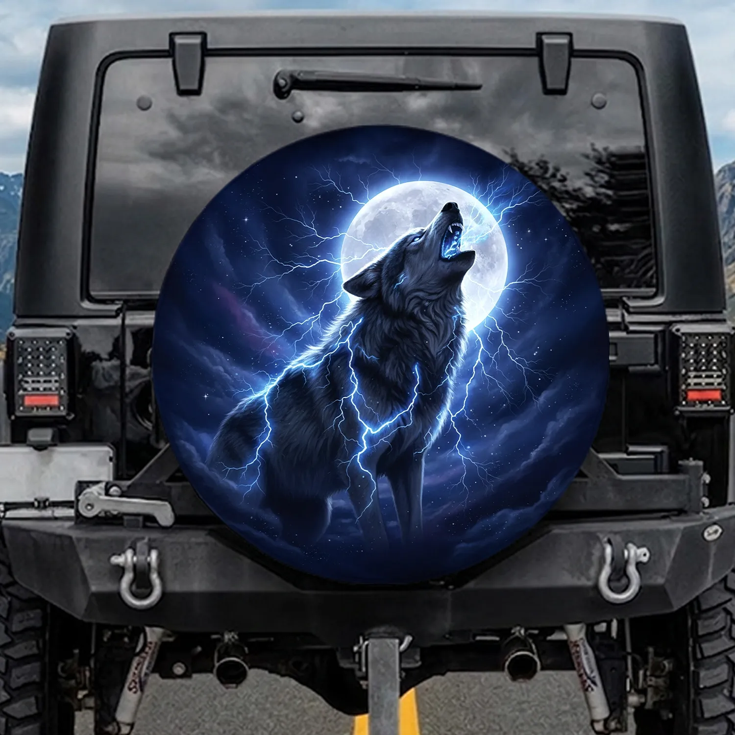 Majestic Howling Wolf Electric Lightning Cosmic Night Sky - Wildlife Lover Gift Spare Tire Cover - 1