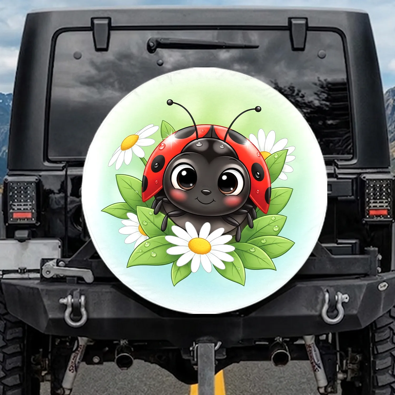Red Ladybug Black Spots Glossy Eyes Daisy Dewdrops Green Leaves Garden - Garden Lover Gift Spare Tire Cover - 1