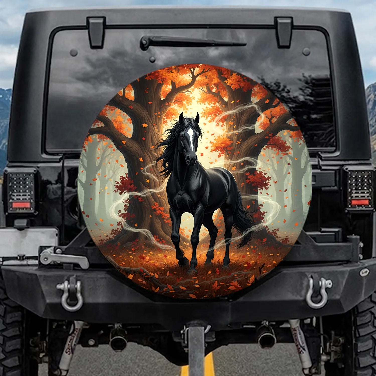 Majestic Black Horse Ancient Trees Fiery Autumn Leaves Forest Scene - Nature Lover Gift Spare Tire Cover - 1