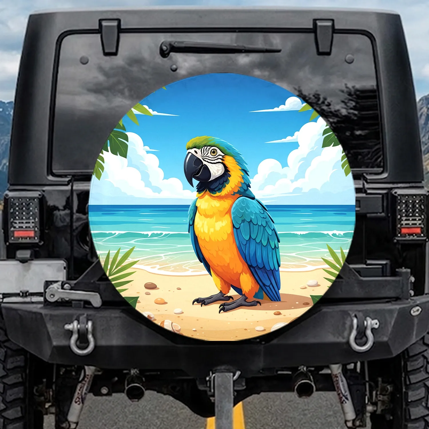 Macaw Parrot Sunny Beach Ocean Seashells Foliage Sky Clouds - Wildlife Lover Gift Spare Tire Cover - 1