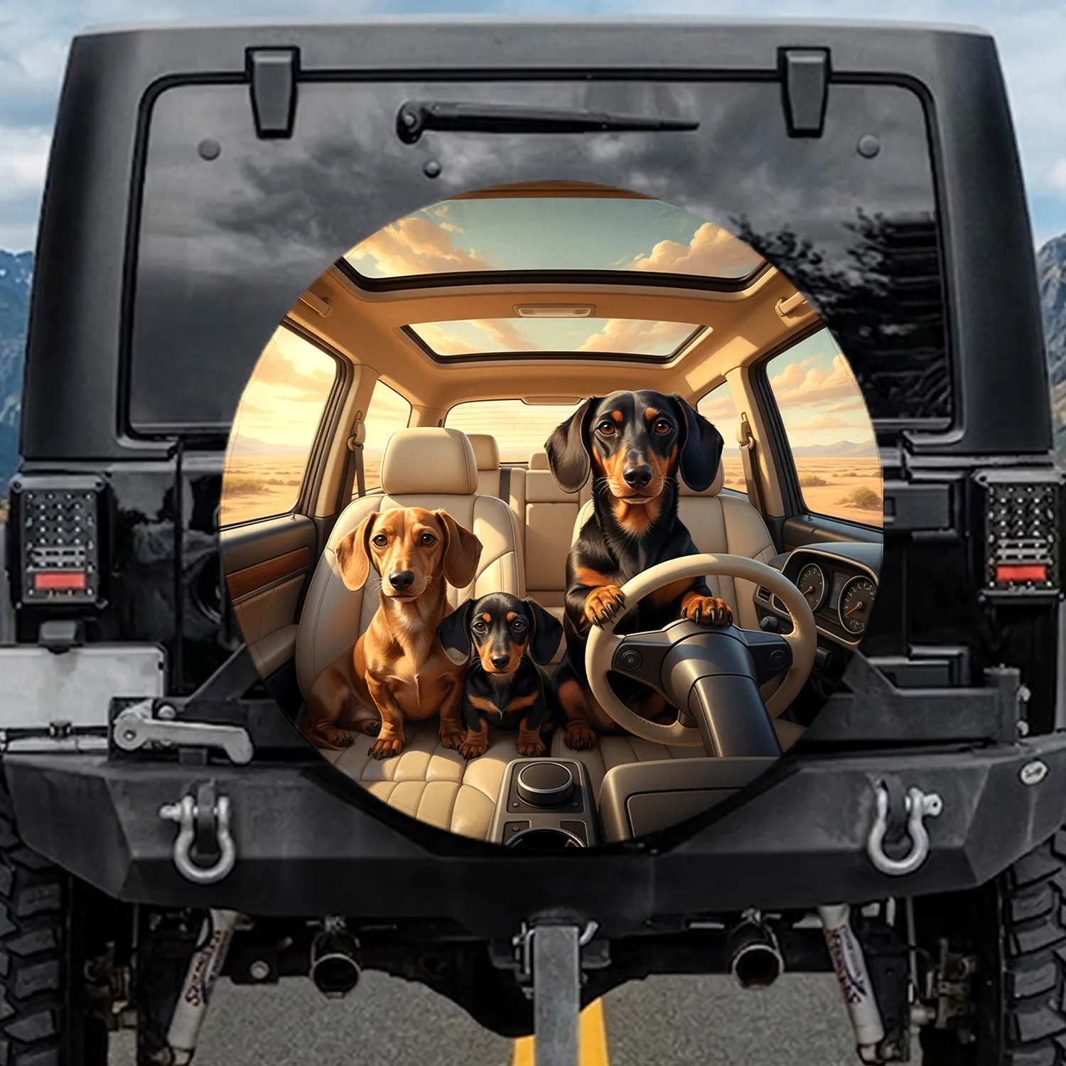 Dachshunds Driving Desert Road Trip - Dog Lover Gift for Adventure Travel Spare Tire Cover - 1