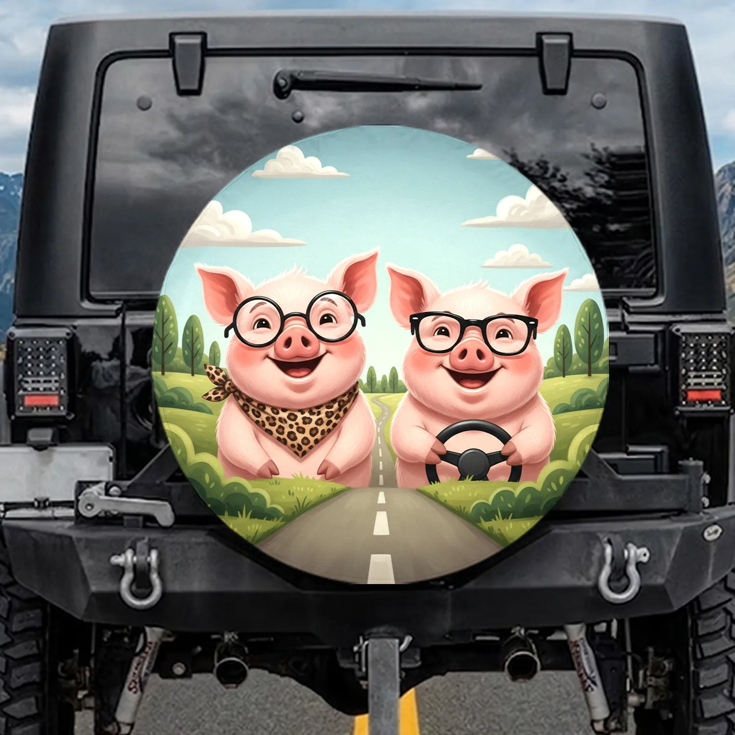 Pigs Leopard Bandana Steering Wheel Road Trip - Travel Essentials Gift for Pig Lover Spare Tire Cover - 1