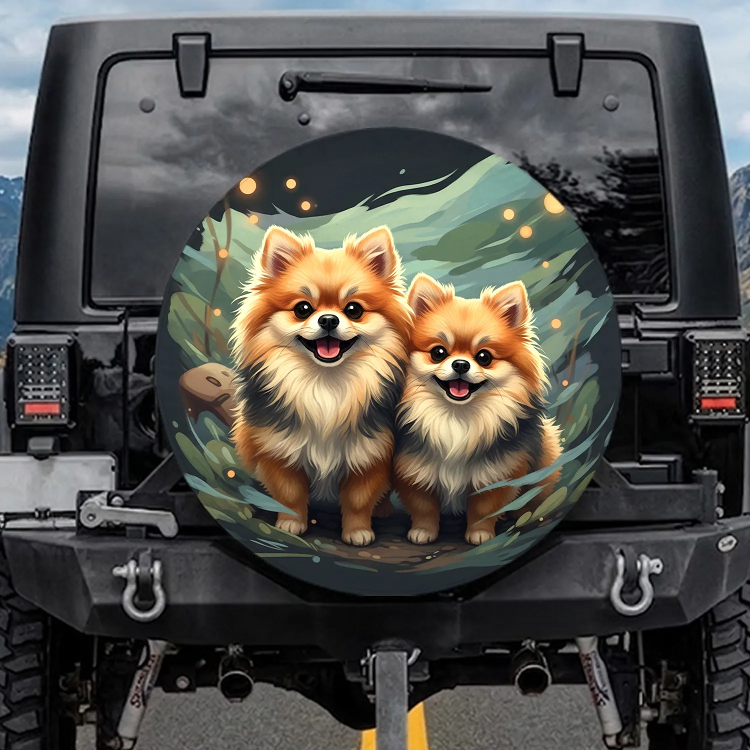 Fluffy Pomeranian Dogs Happy Expressions Road Trip - Dog Lover Gift Spare Tire Cover - 1