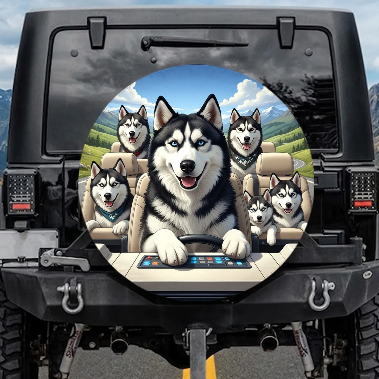 Playful Siberian Huskies Mountain Road Trip - Dog Lover Adventure Gift Spare Tire Cover - 1