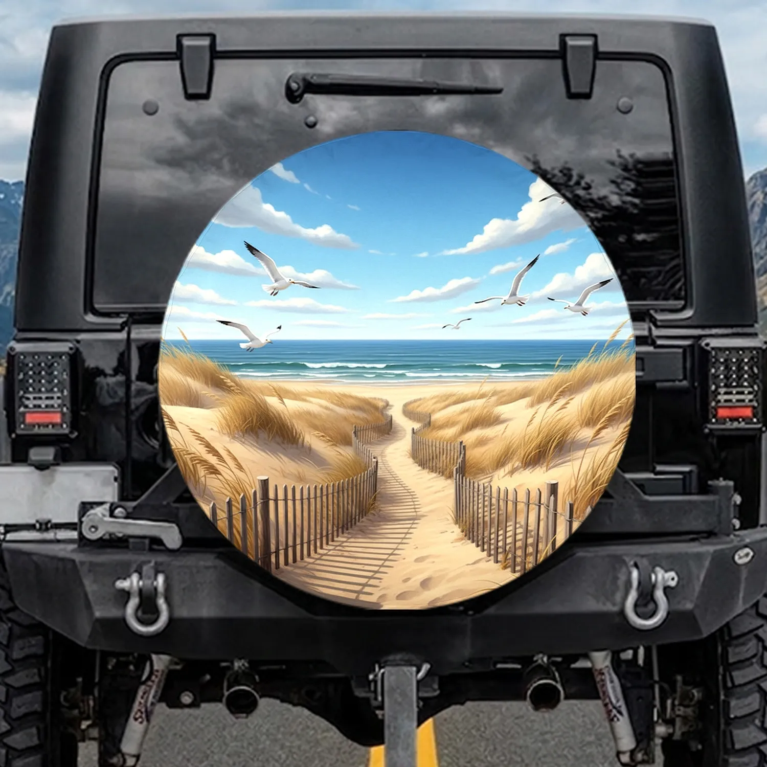 Coastal Golden Dunes Winding Path Seagulls Ocean - Coastal Living Travel Essentials Spare Tire Cover - 1