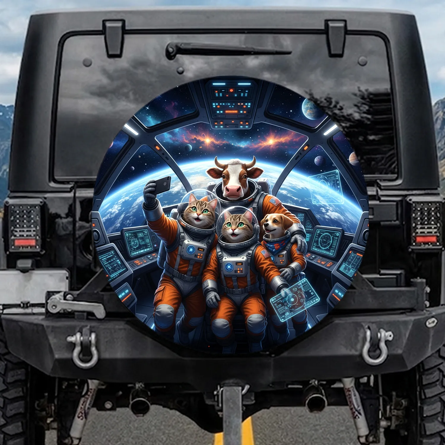 Astronaut Cats Cow Dog Spaceship Earth View - Space Adventure Gift Spare Tire Cover - 1