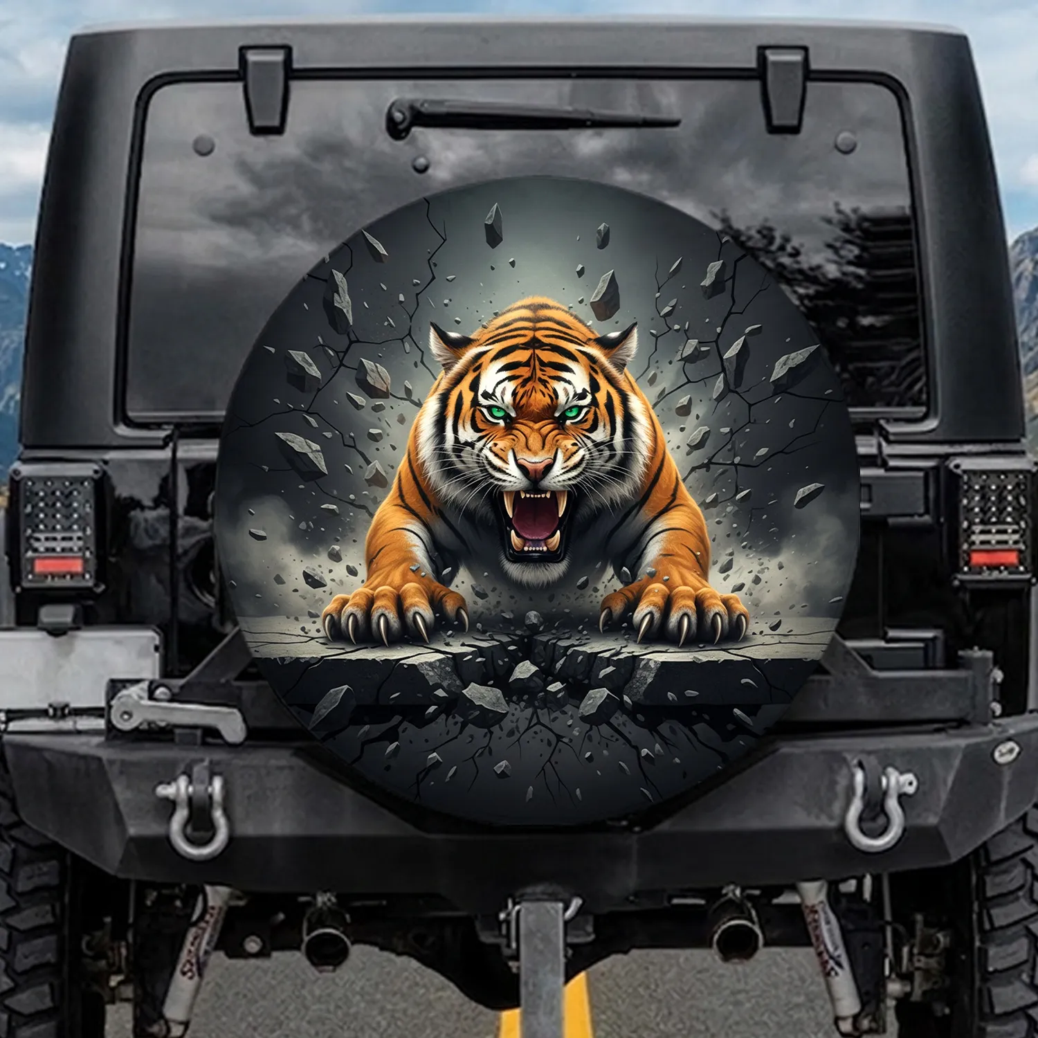 Furious Roaring Tiger Fangs Jagged Stone Impact - Wildlife Lover Outdoor Car Decor Spare Tire Cover - 1