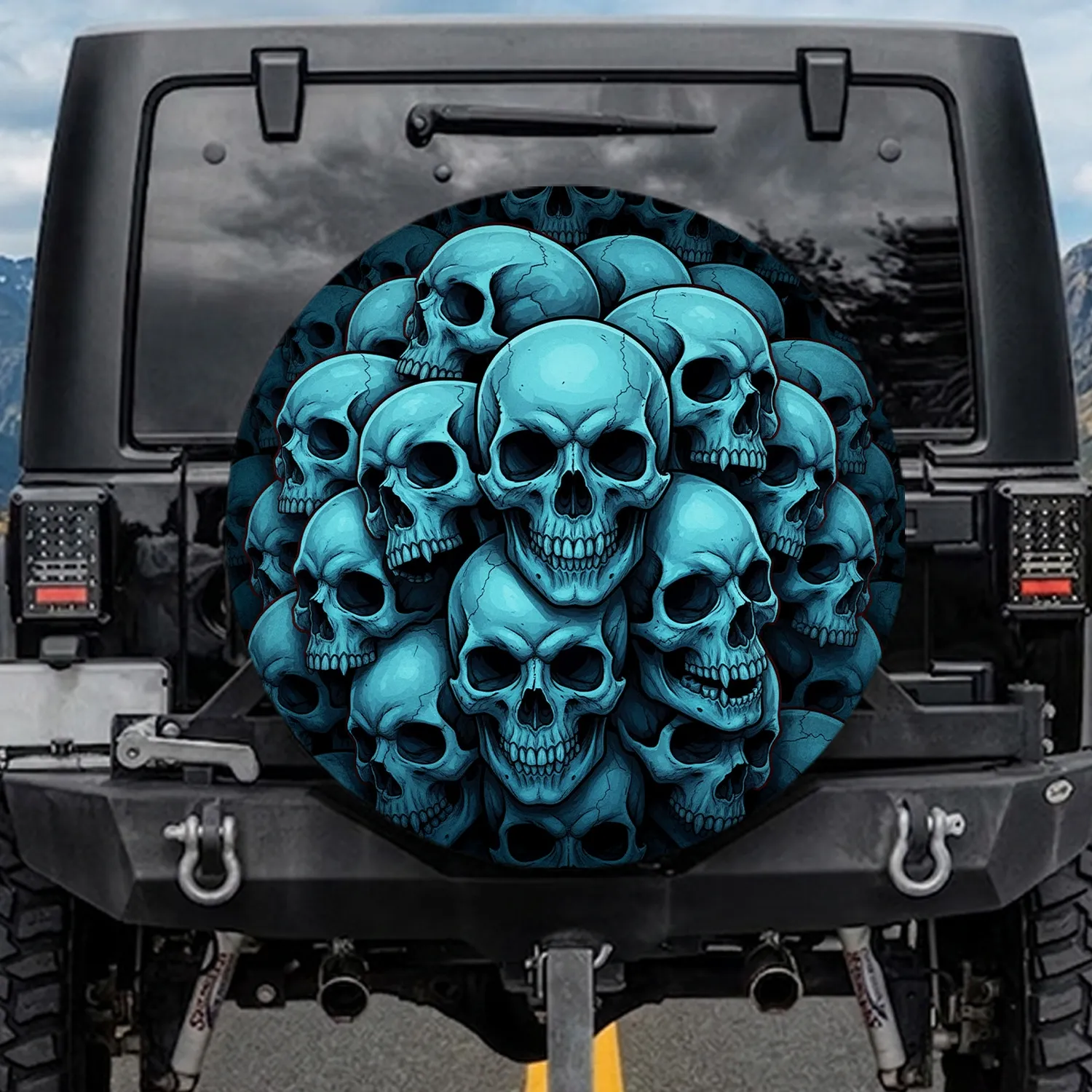 Interlocked Macabre Human Skulls Pile Dark Abyss - Gothic Decor Gift for Horror Fans Spare Tire Cover - 1