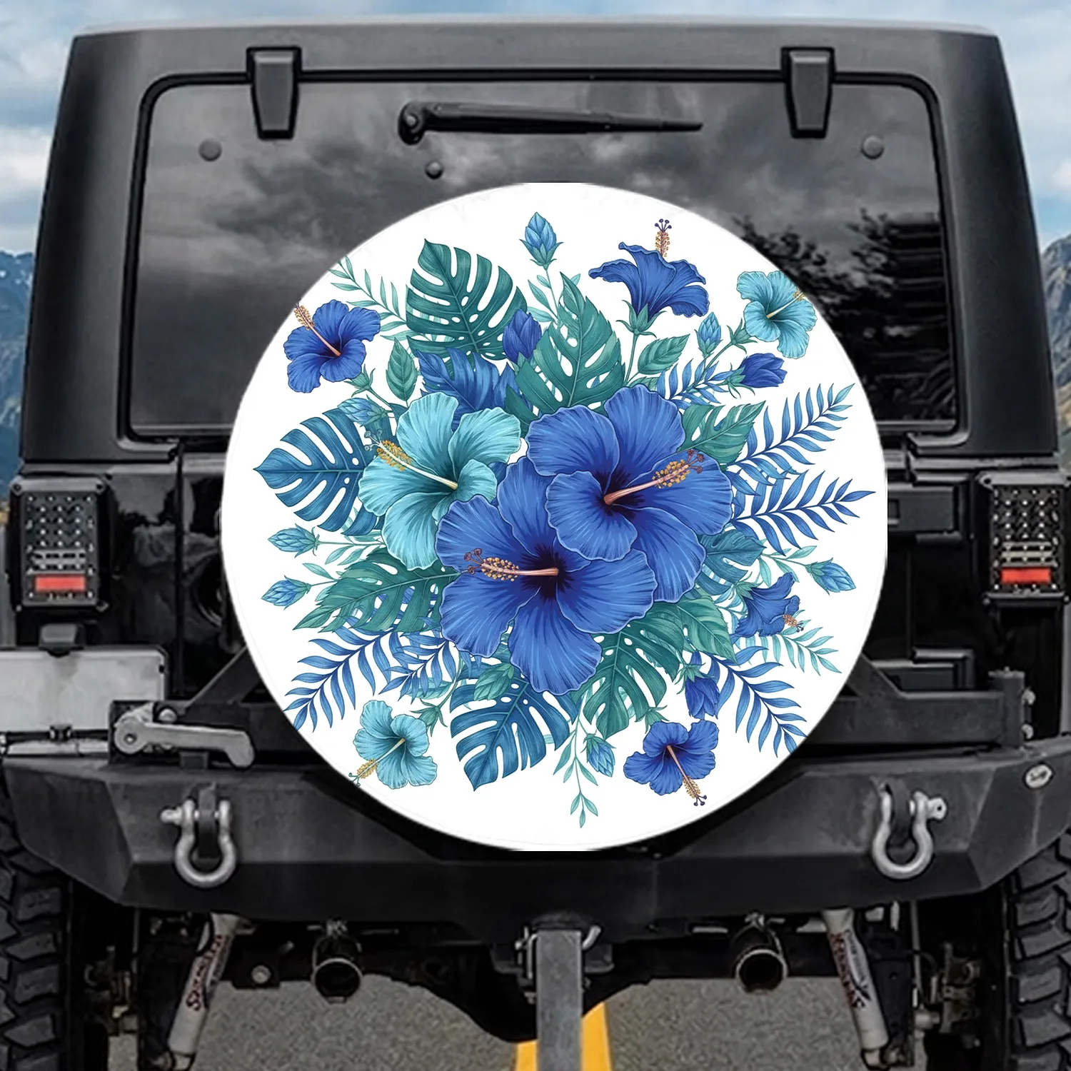 Blue Hibiscus Tropical Leaves Botanical - Home Decor Gift for Garden Lover Spare Tire Cover - 1