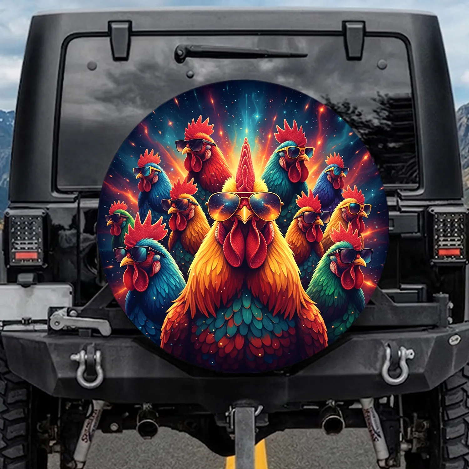 Roosters in Sunglasses Cosmic Nebula - Home Decor Gift for Rooster Lover Spare Tire Cover - 1
