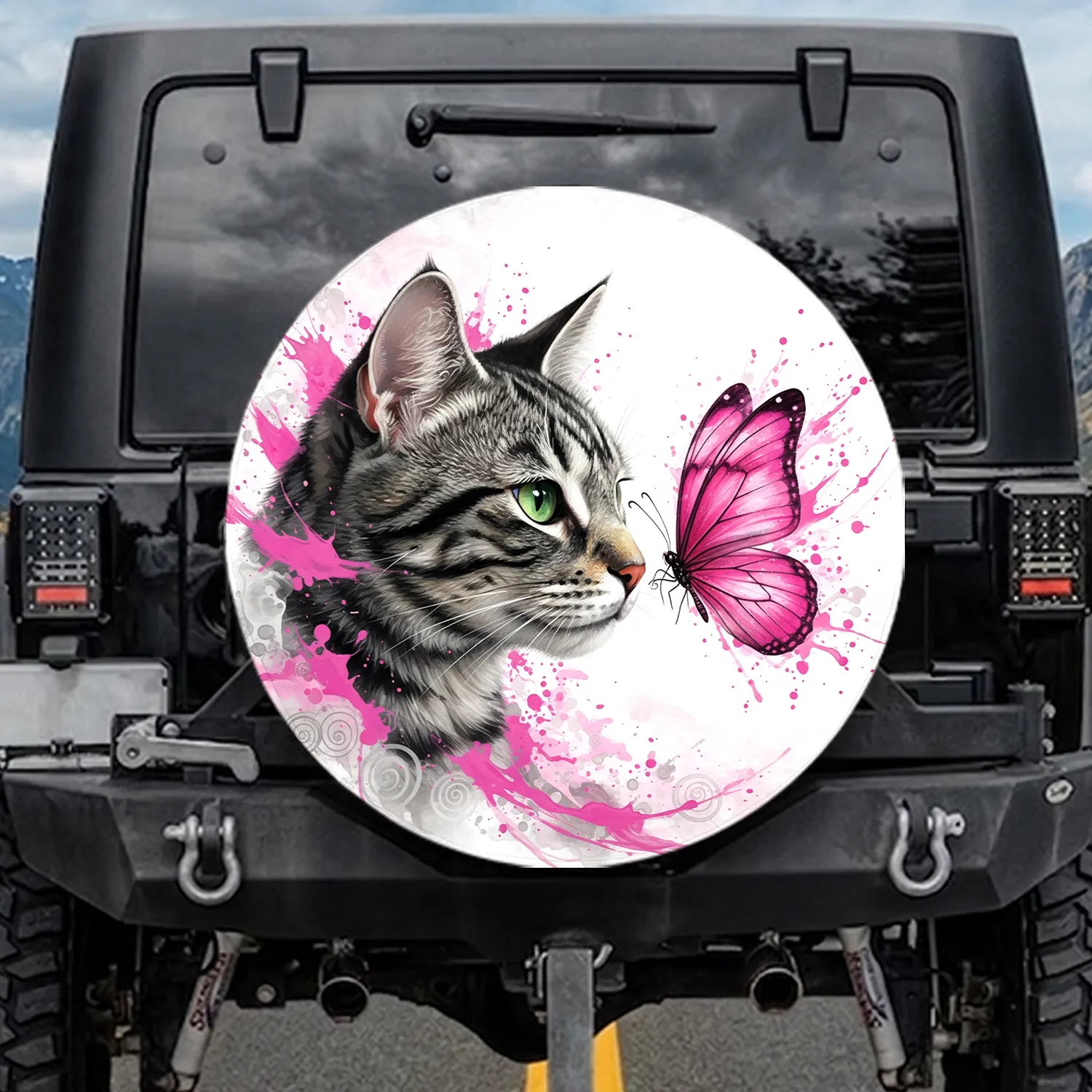 Fuchsia Pink Splatter Tabby Cat Butterfly - Cat Lover Gift Spare Tire Cover - 1