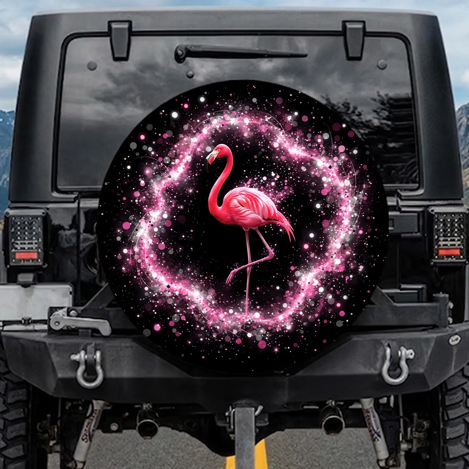 Pink Flamingo Glitter Bokeh Light Trails Black Background - Everyday Wildlife Lover Gift Spare Tire Cover - 1