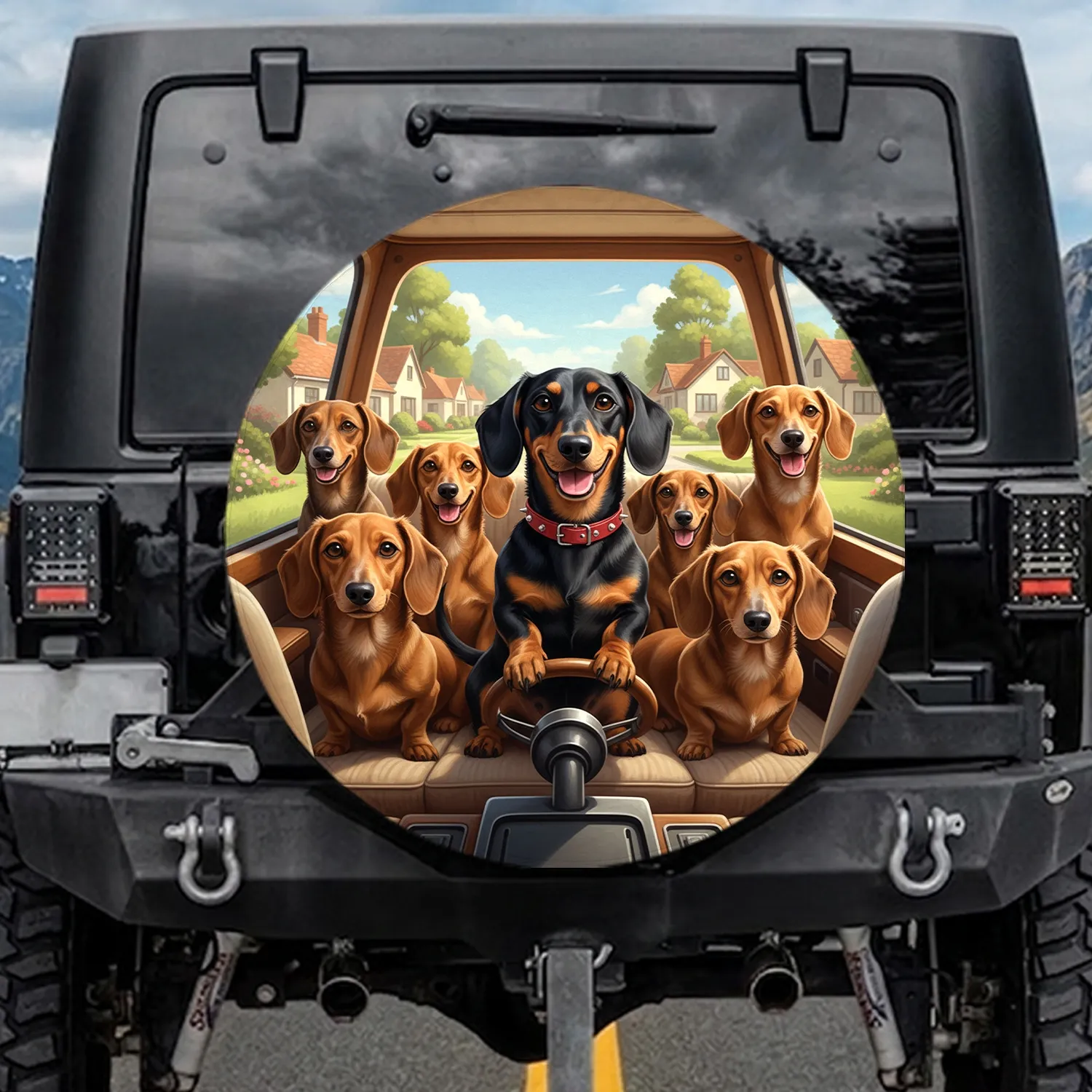 Seven Dachshunds Steering Car Interior Panoramic Road Trip - Travel Essentials Spare Tire Cover - 1
