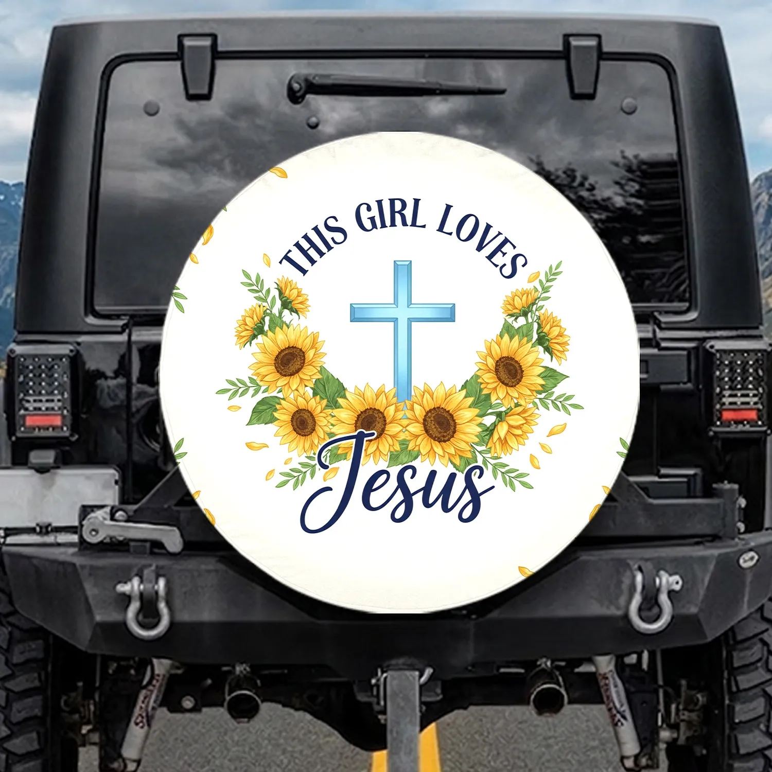Light Blue Cross Golden Sunflowers Jesus - Faith Lover Gift for Her Spare Tire Cover - 1