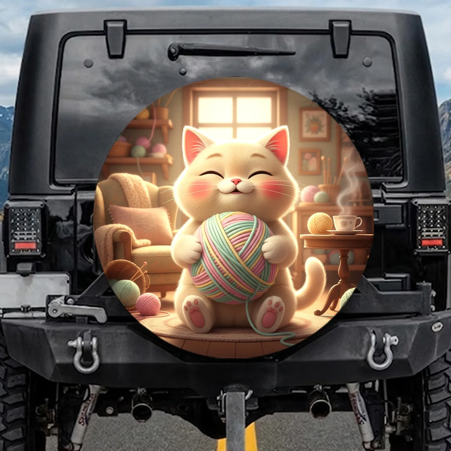 Cute Cat Yarn Ball Craft Room - Craft Lover Home Decor Gift Spare Tire Cover - 1