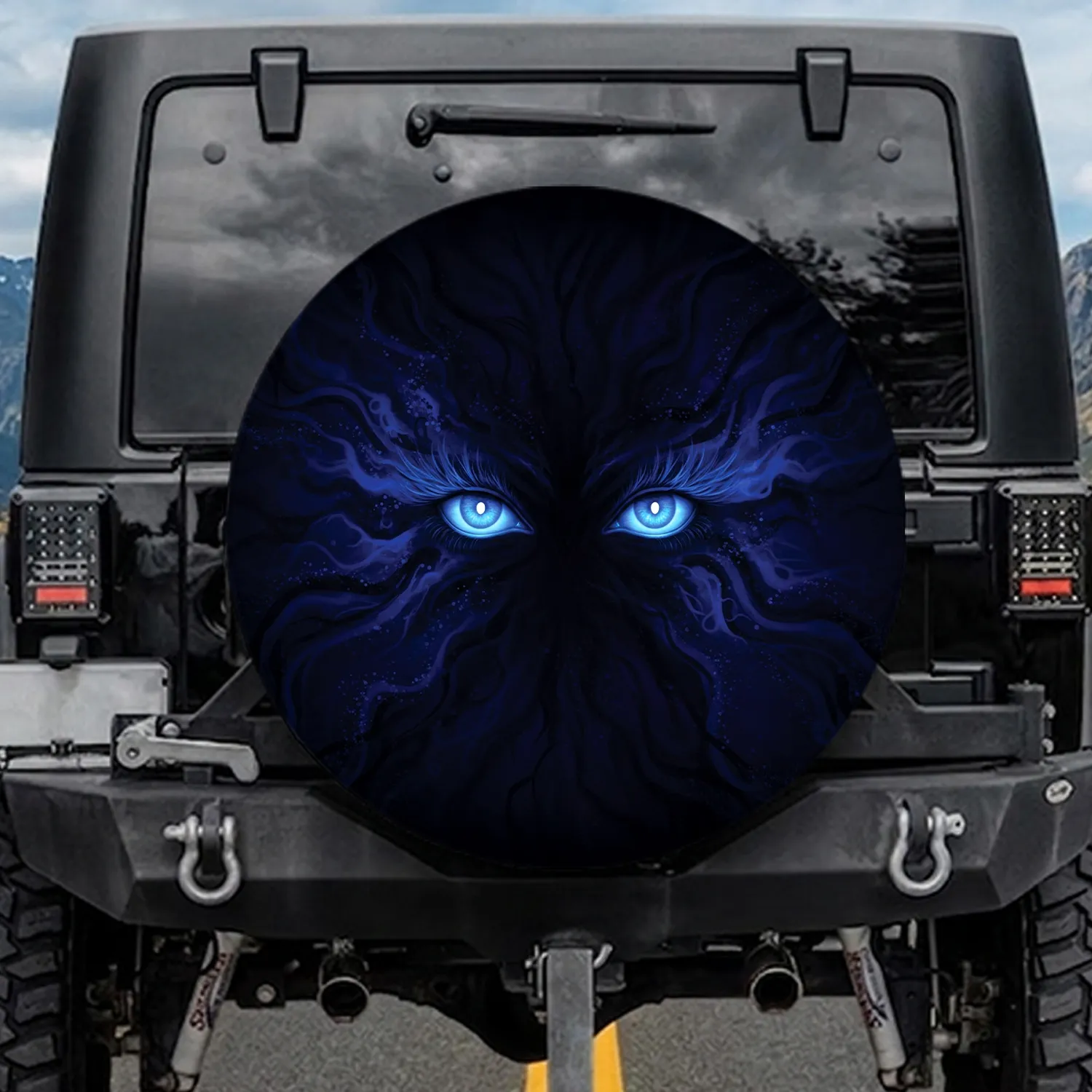 Piercing Electric Blue Eyes Feathery Lashes Watcher - Vehicle Decor Accessory Spare Tire Cover - 1