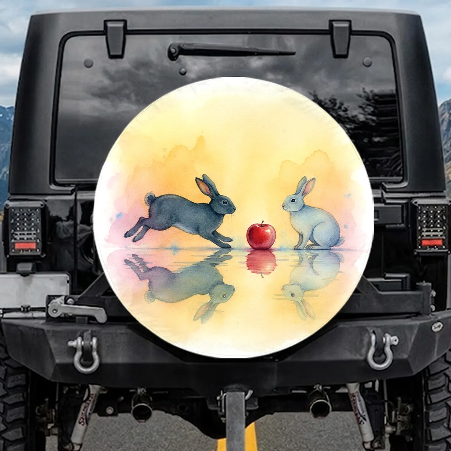 Running Rabbit Sitting Rabbit Red Apple Shimmering Reflections - Nature Lover Gift Spare Tire Cover - 1
