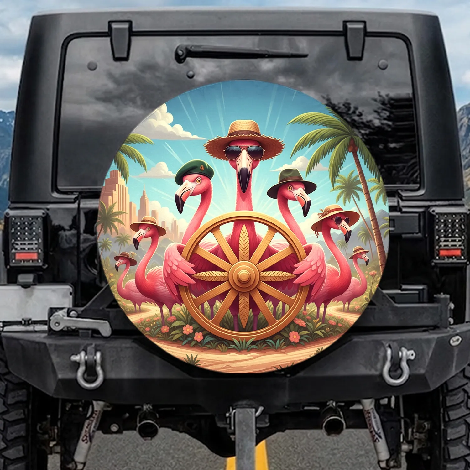 Flamingos Straw Hat Sunglasses Tropical City Adventure Lover Travel Gift Spare Tire Cover - 1