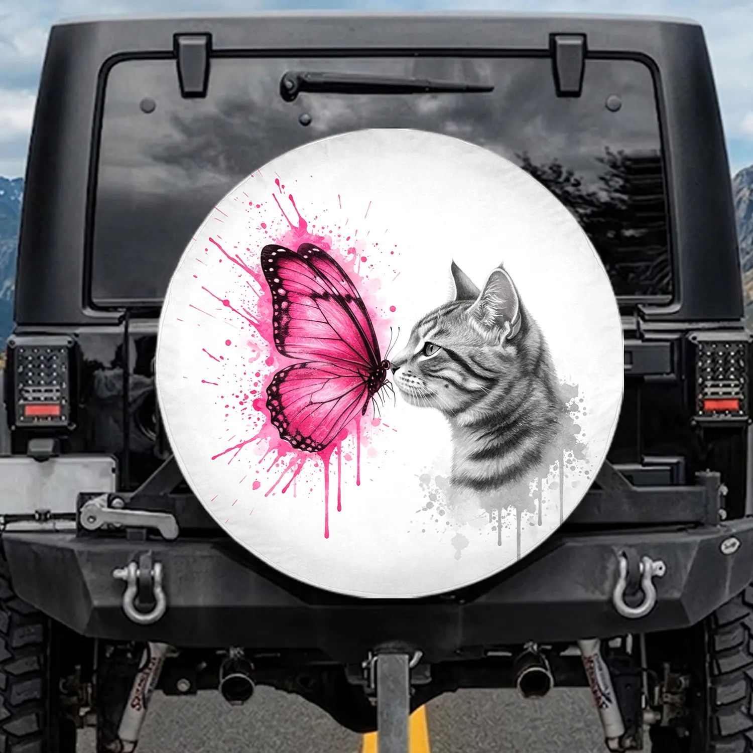 Gray Tabby Cat Pink Butterfly Hot Pink Splatters Organic Patterns - Wildlife Lover Gift Spare Tire Cover - 1