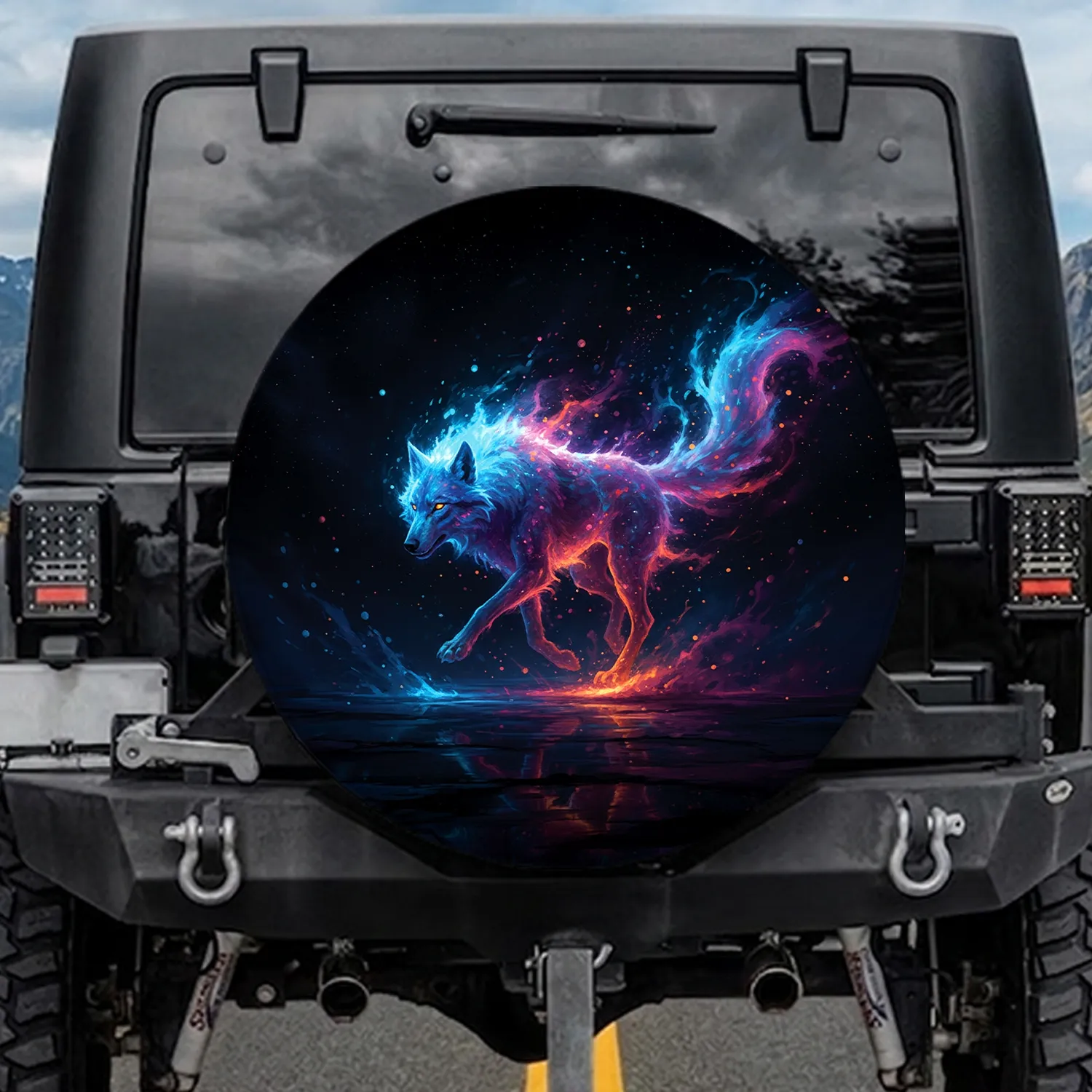 Spectral Wolf Cosmic Energy Trails - Mystic Wildlife Lover Gift for Wolf Fans Spare Tire Cover - 1