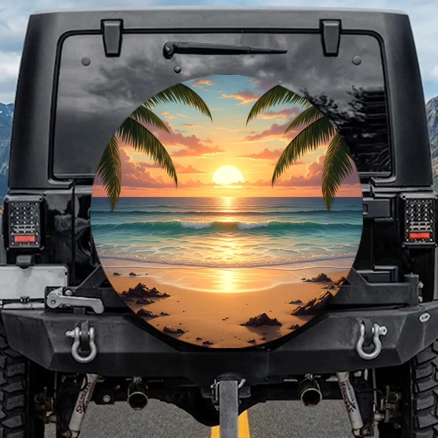 Tropical Beach Sunset Golden Ocean Horizon - Travel Essentials Road Trip Spare Tire Cover - 1