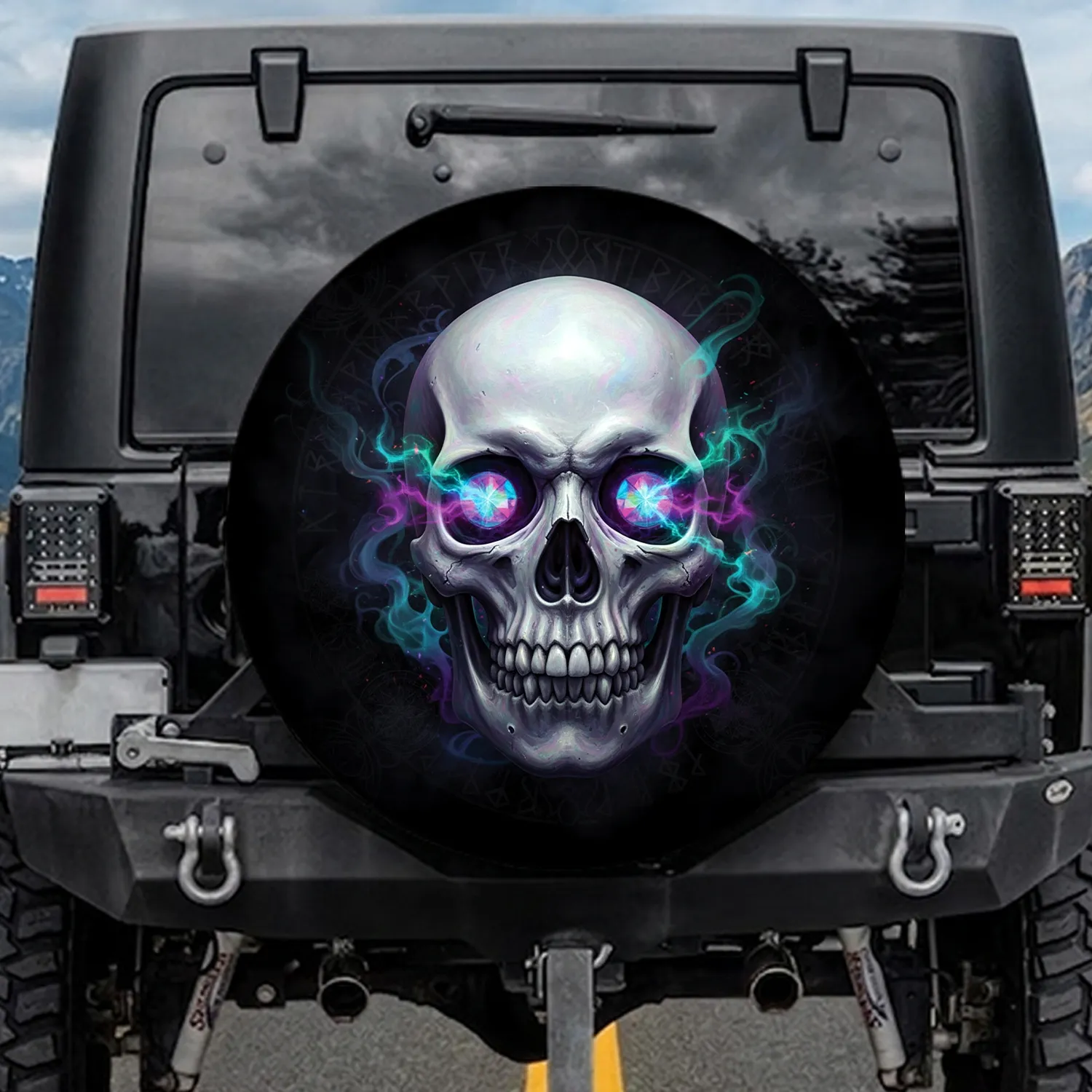 Iridescent Glowing Skull Runic Patterns - Dark Fantasy Auto Accessory Spare Tire Cover - 1