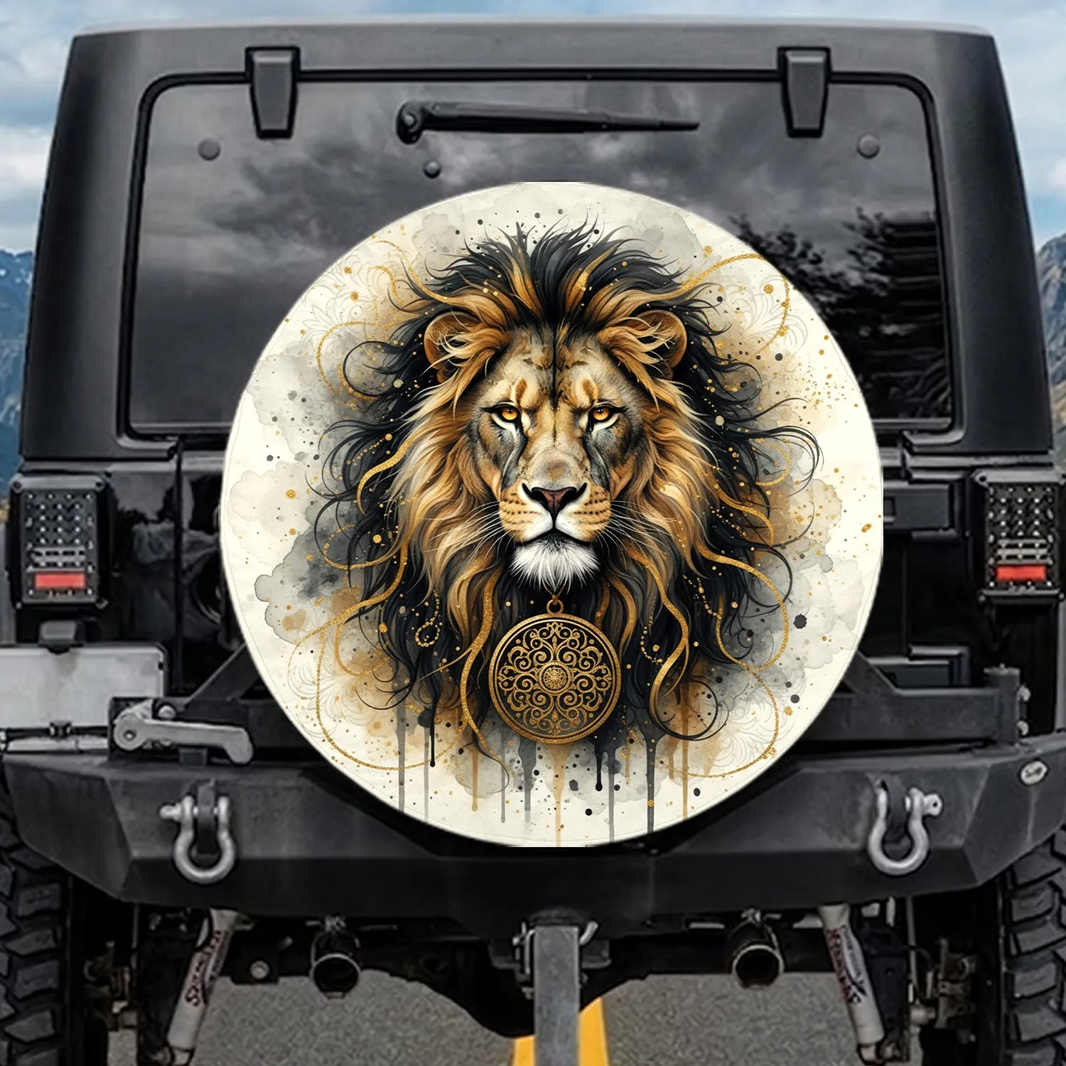Majestic Lion Head Golden Medallion Black Gold Mane - Wildlife Lover Gift Spare Tire Cover - 1