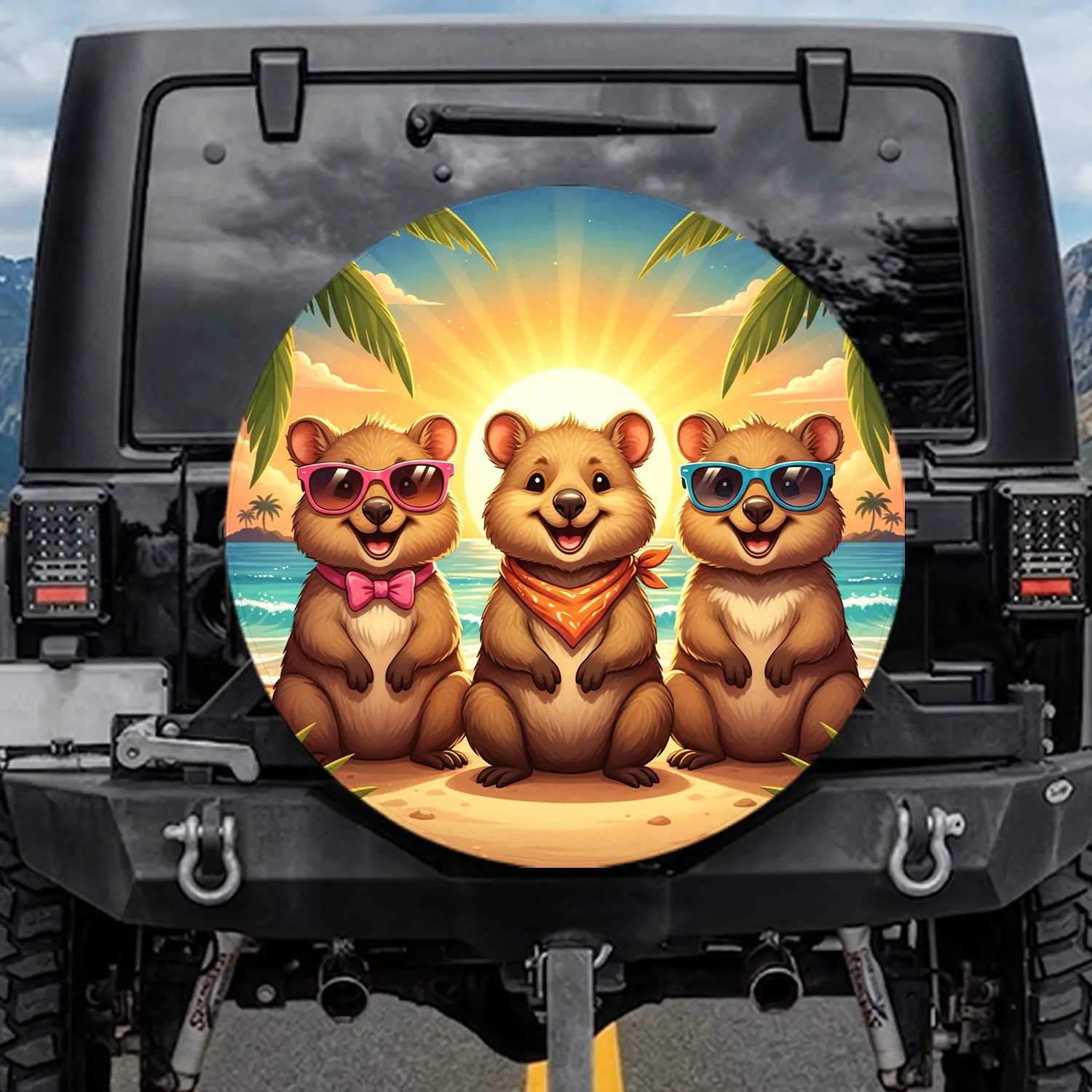 Quokkas Tropical Beach Sunset - Wildlife Lover Gift for Quokka Fans Spare Tire Cover - 1