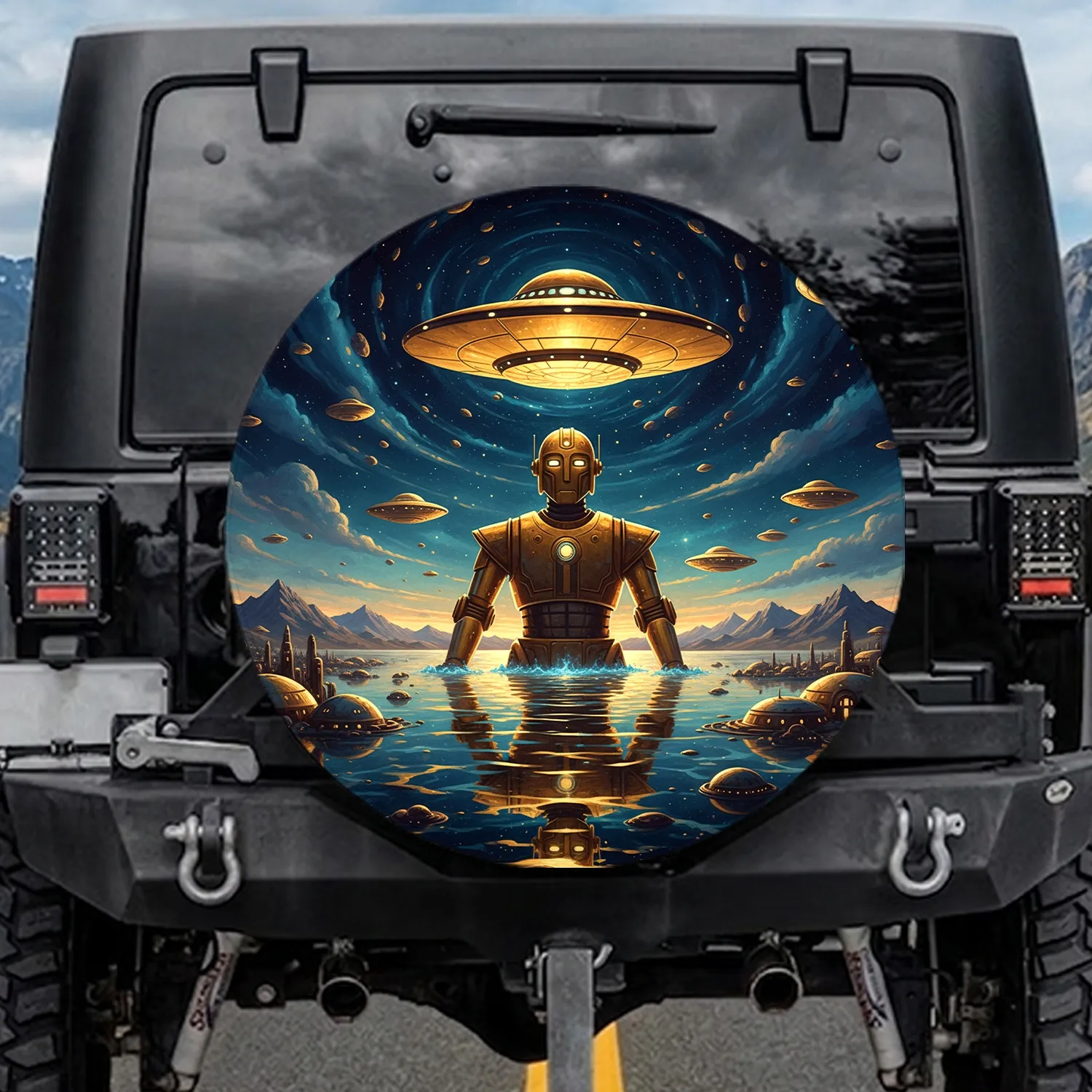 Golden Robot Retro Flying Saucer Alien Cityscape - Sci-Fi Fan Home Decor Gift Spare Tire Cover - 1