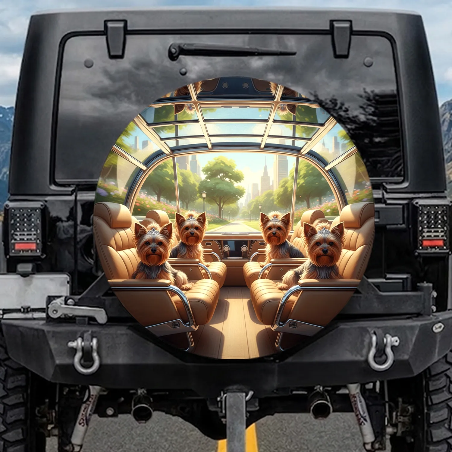 Yorkshire Terriers Bows Tiaras Luxury City Park Scene - Vehicle Decor Dog Lover Gift Spare Tire Cover - 1