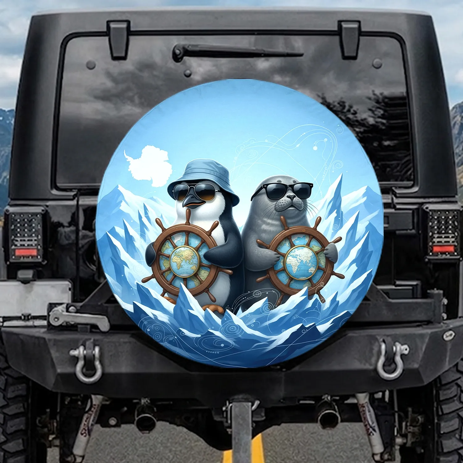 Penguin Seal Sunglasses World Map Antarctica - Travel Essentials for Travelers Spare Tire Cover - 1