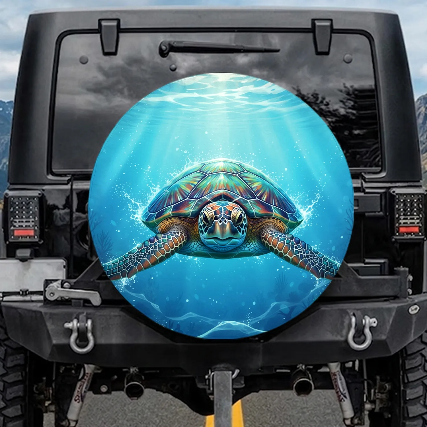 Sea Turtle Swimming Shimmering Ocean Water Dappled Sunlight - Wildlife Lover Gift Spare Tire Cover - 1