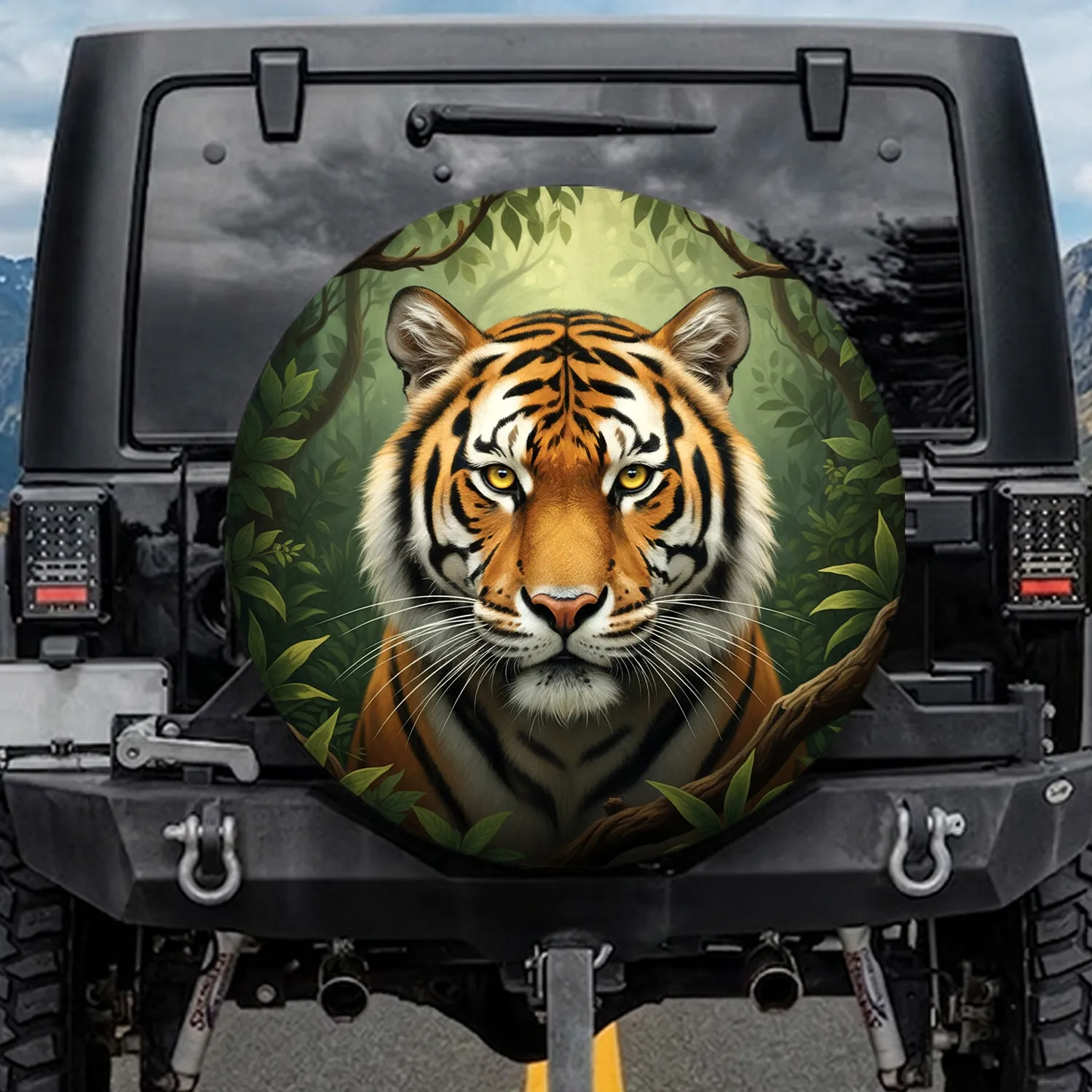 Majestic Bengal Tiger Face with Orange Black Stripes Jungle Foliage Forest Landscape - Wildlife Lover Gift Spare Tire Cover - 1
