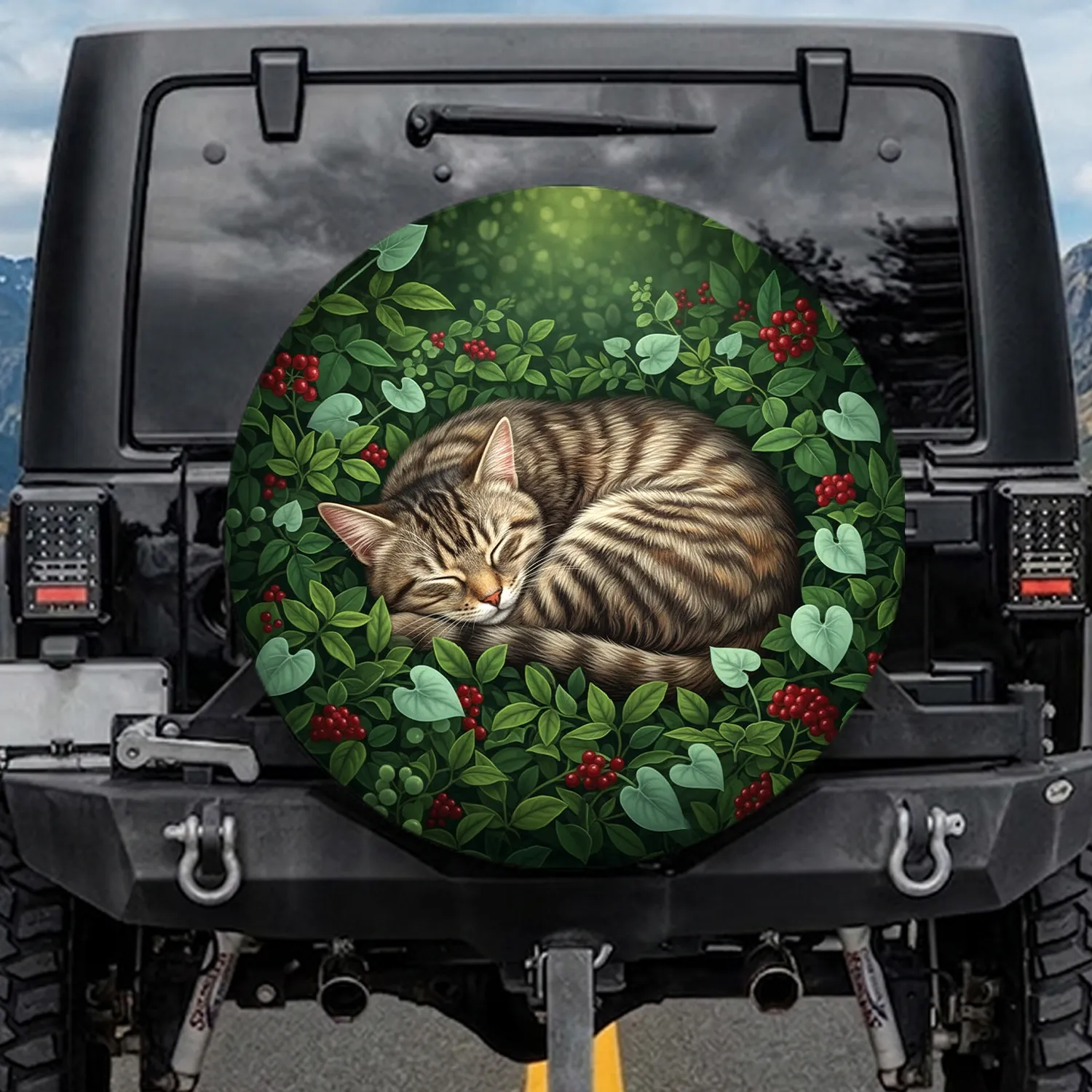 Sleeping Tabby Cat Forest Berries Heart Leaves - Wildlife Lover Gift for Cat Lover Spare Tire Cover - 1