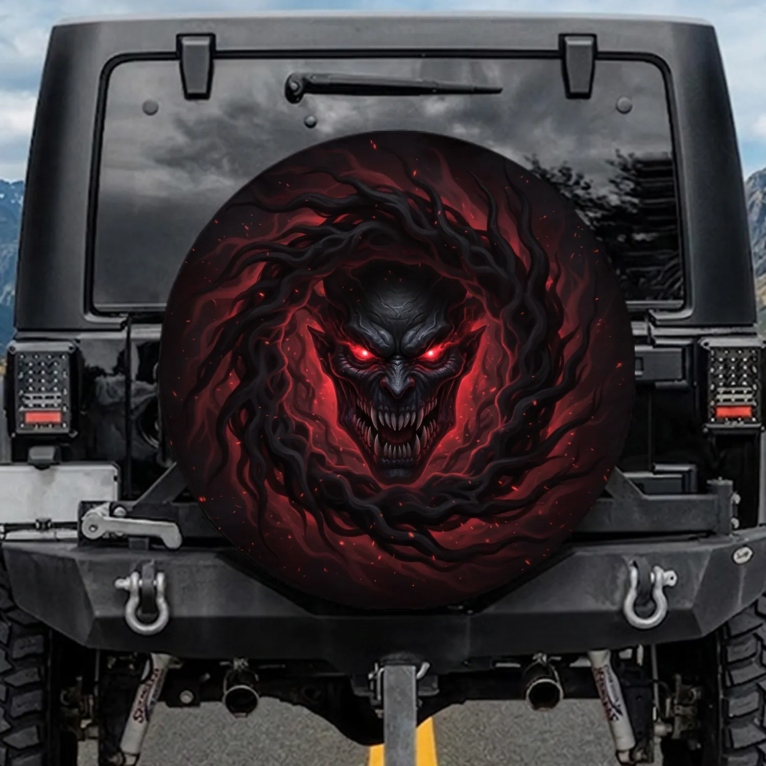 Demonic Monster Face Fangs Glowing Red Eyes - Halloween Party Gift for Horror Fans Spare Tire Cover - 1