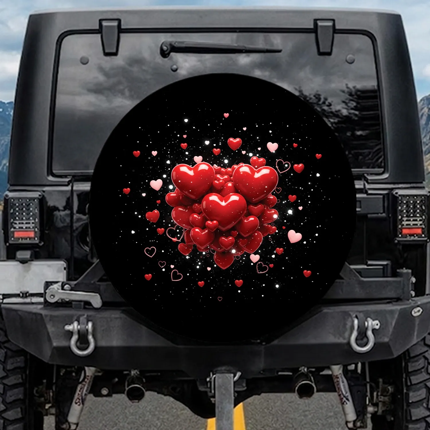 Floating Glossy Red Hearts Pink Outline Hearts White Bokeh Shimmer Black Background - Love Gift Spare Tire Cover - 1