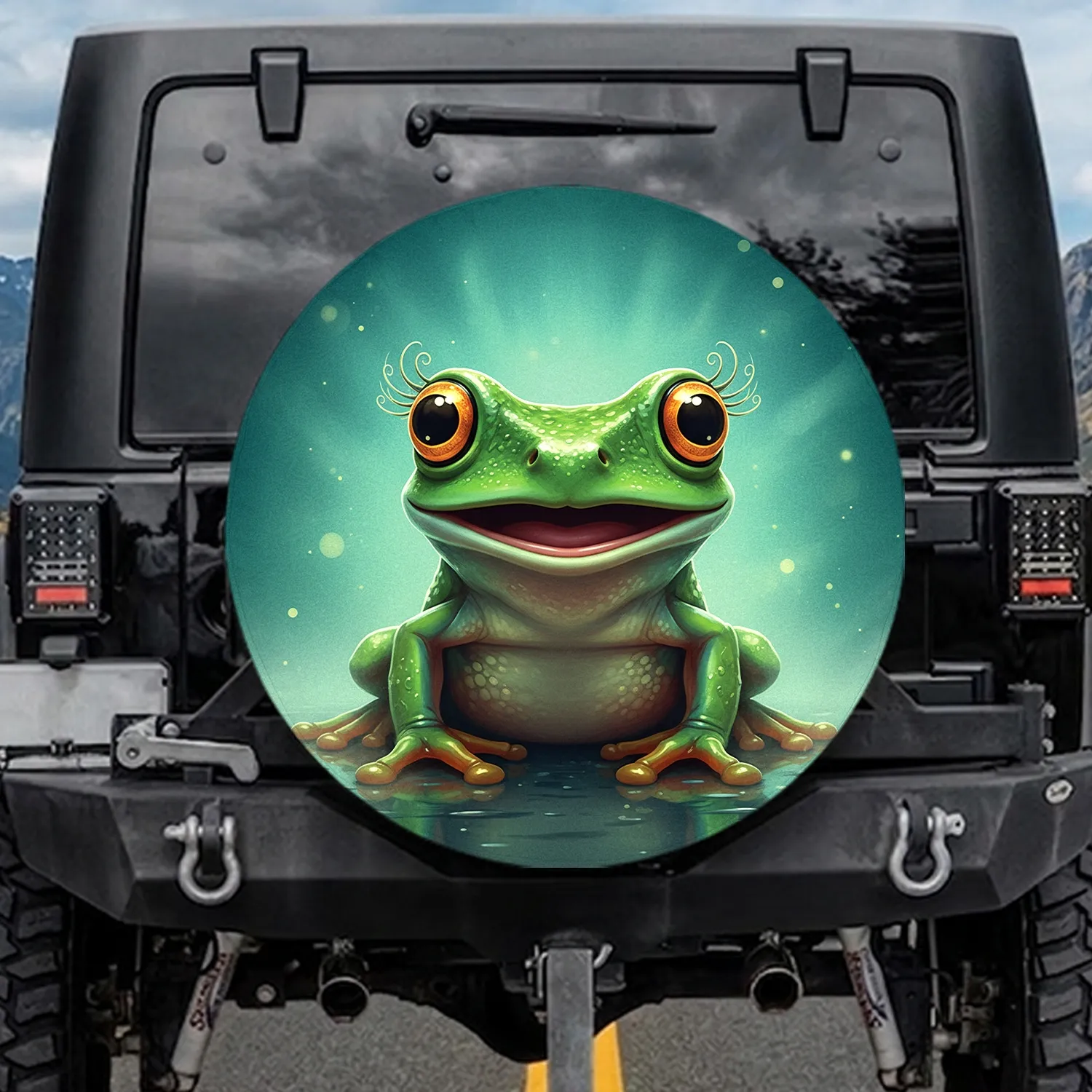Green Tree Frog Golden-Orange Eyes Smiling - Nature Lover Outdoor Adventure Gift Spare Tire Cover - 1