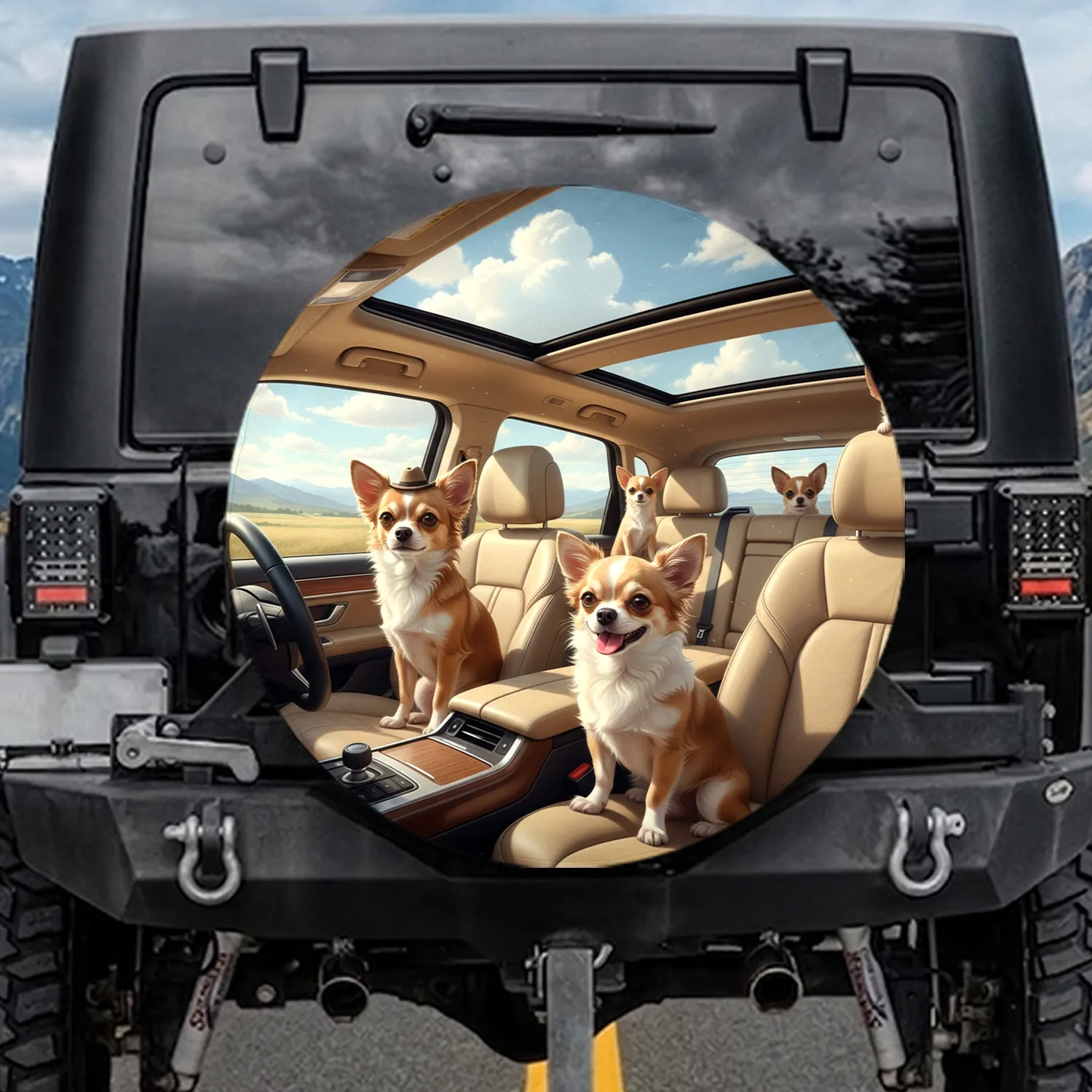 Chihuahua Dogs Road Trip Driving Luxury Car - Pet Lover Travel Gift Spare Tire Cover - 1