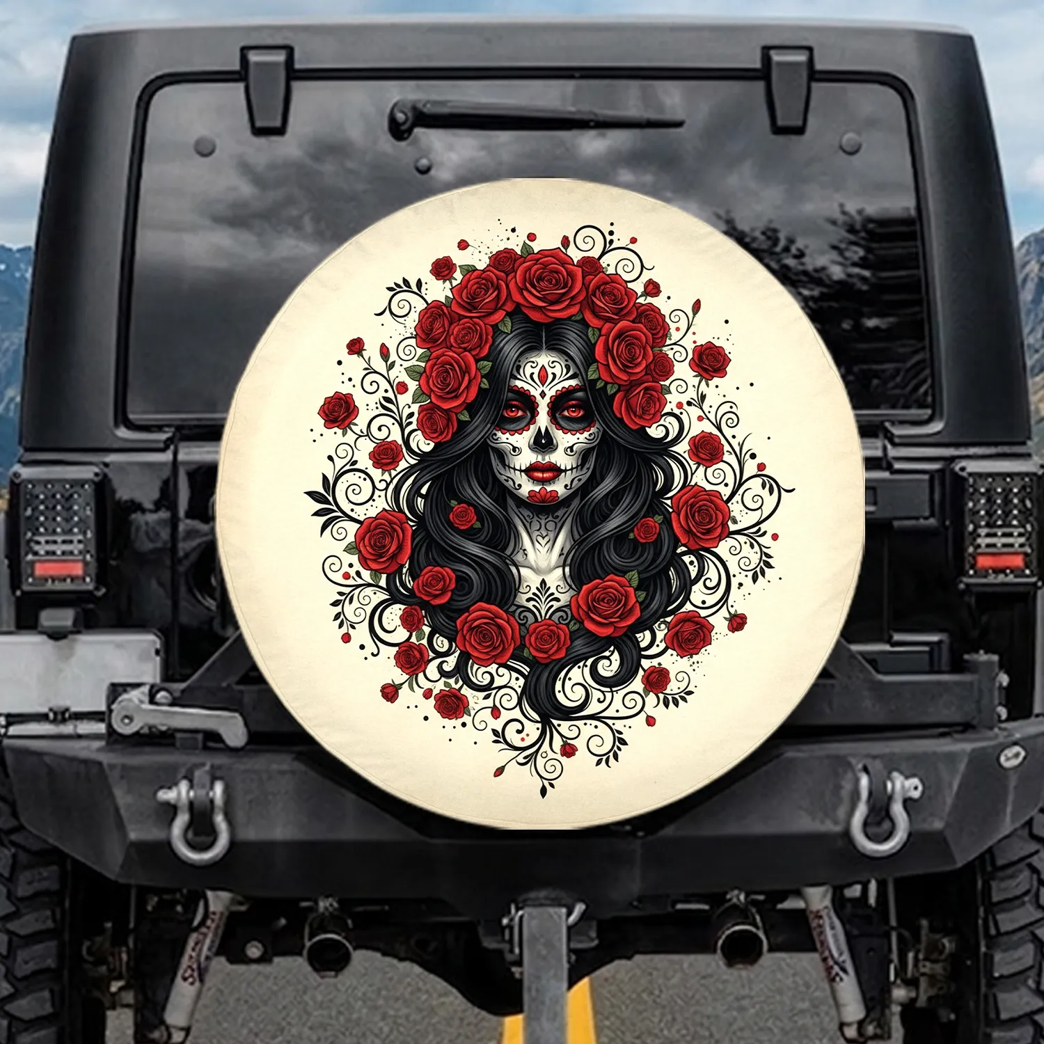 Calavera Woman Sugar Skull Red Rose - Everyday Style Gift Spare Tire Cover - 1