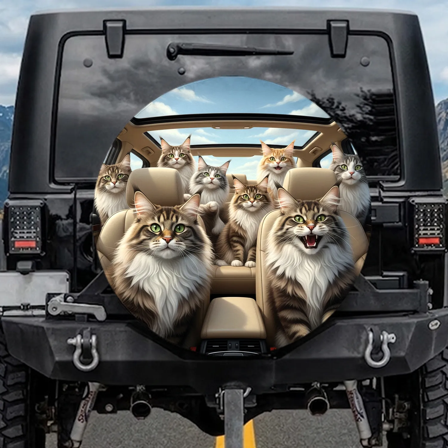 Maine Coon Cats Car Interior - Travel Lover Gift for Cat Owners Spare Tire Cover - 1