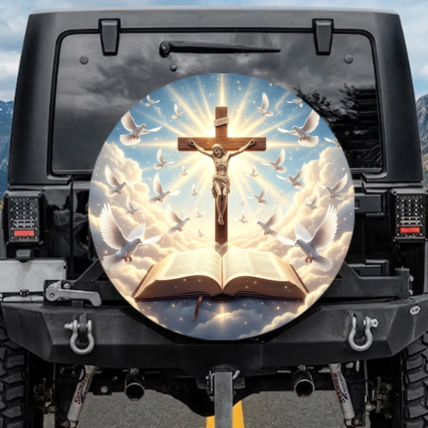 Glowing Wooden Cross Christ Figure Open Bible Doves - Faith-Inspired Gift for Believers Spare Tire Cover - 1